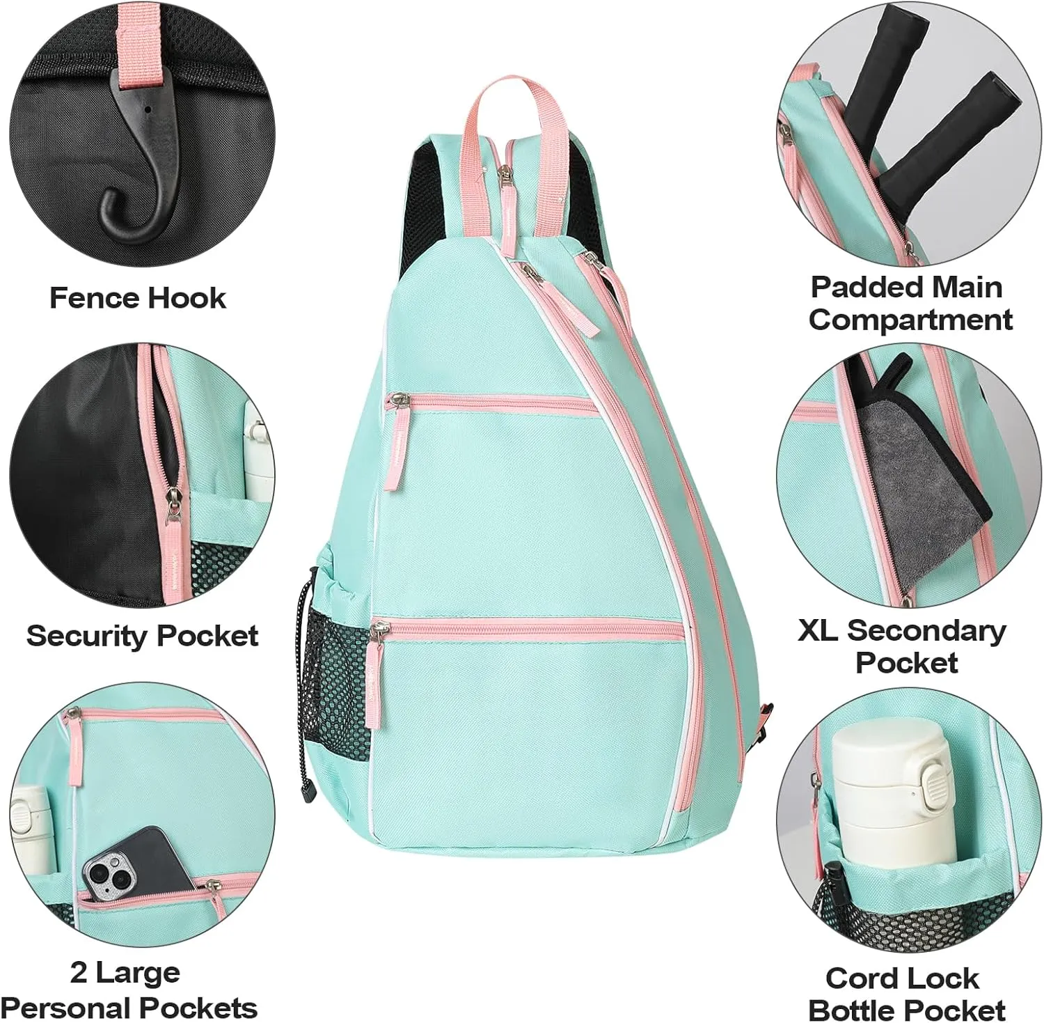 ALOOF Pickleball Bag, Adjustable Pickleball, Racketball Sling Bag, Backpack With Water Bottle Holder