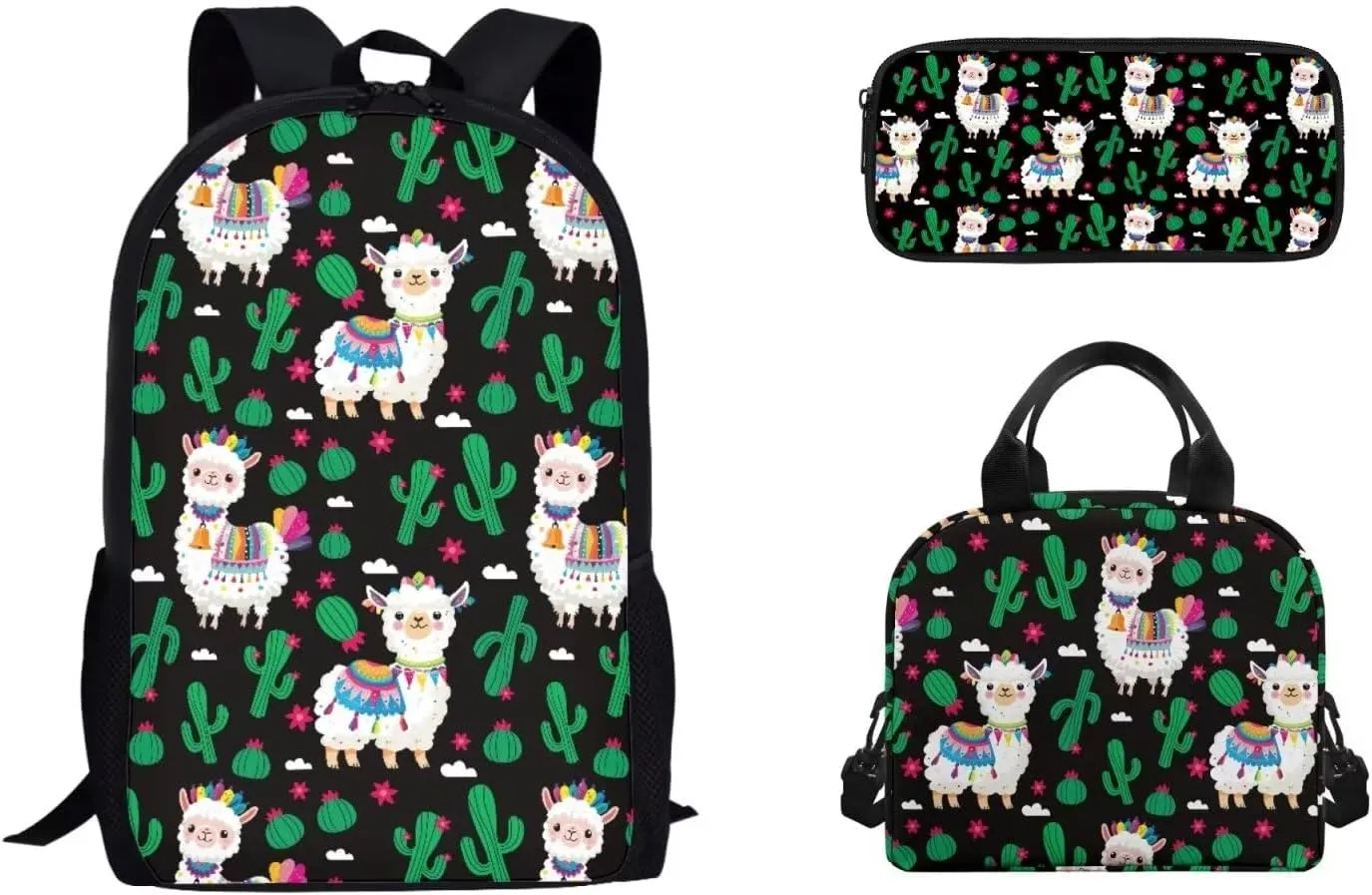 Alpaca Backpack for Girls Boys 12-14, 17 Inch Girls Backpack with Lunch Box Pencil Case, 3 PCS Elementary School Bookbag Set for School Travel Hiking, Black