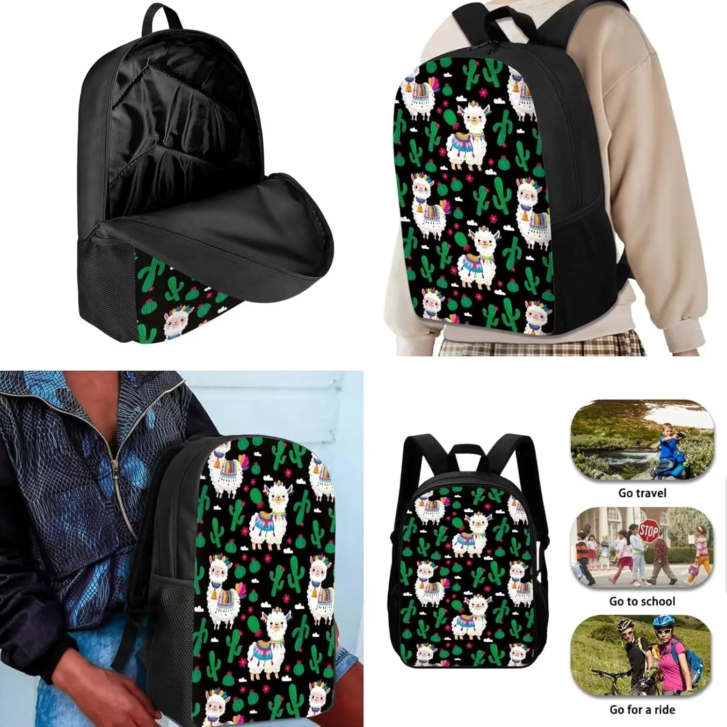 Alpaca Backpack for Girls Boys 12-14, 17 Inch Girls Backpack with Lunch Box Pencil Case, 3 PCS Elementary School Bookbag Set for School Travel Hiking, Black