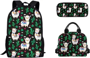 Alpaca Backpack for Girls Boys 12-14, 17 Inch Girls Backpack with Lunch Box Pencil Case, 3 PCS Elementary School Bookbag Set for School Travel Hiking, Black