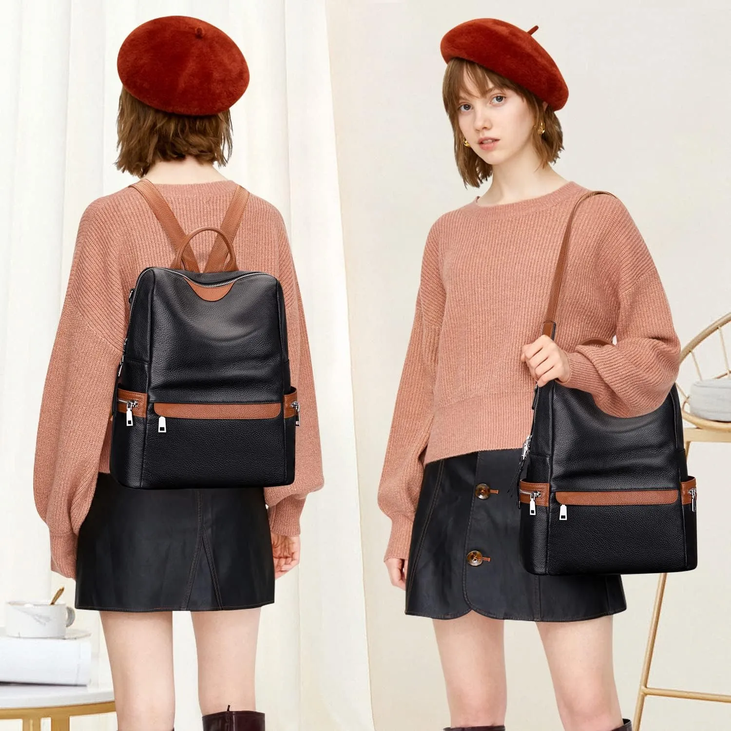 ALTOSY Leather Backpack for Women Elegant Genuine Backpack Purse Ladies Leather Shoulderbag