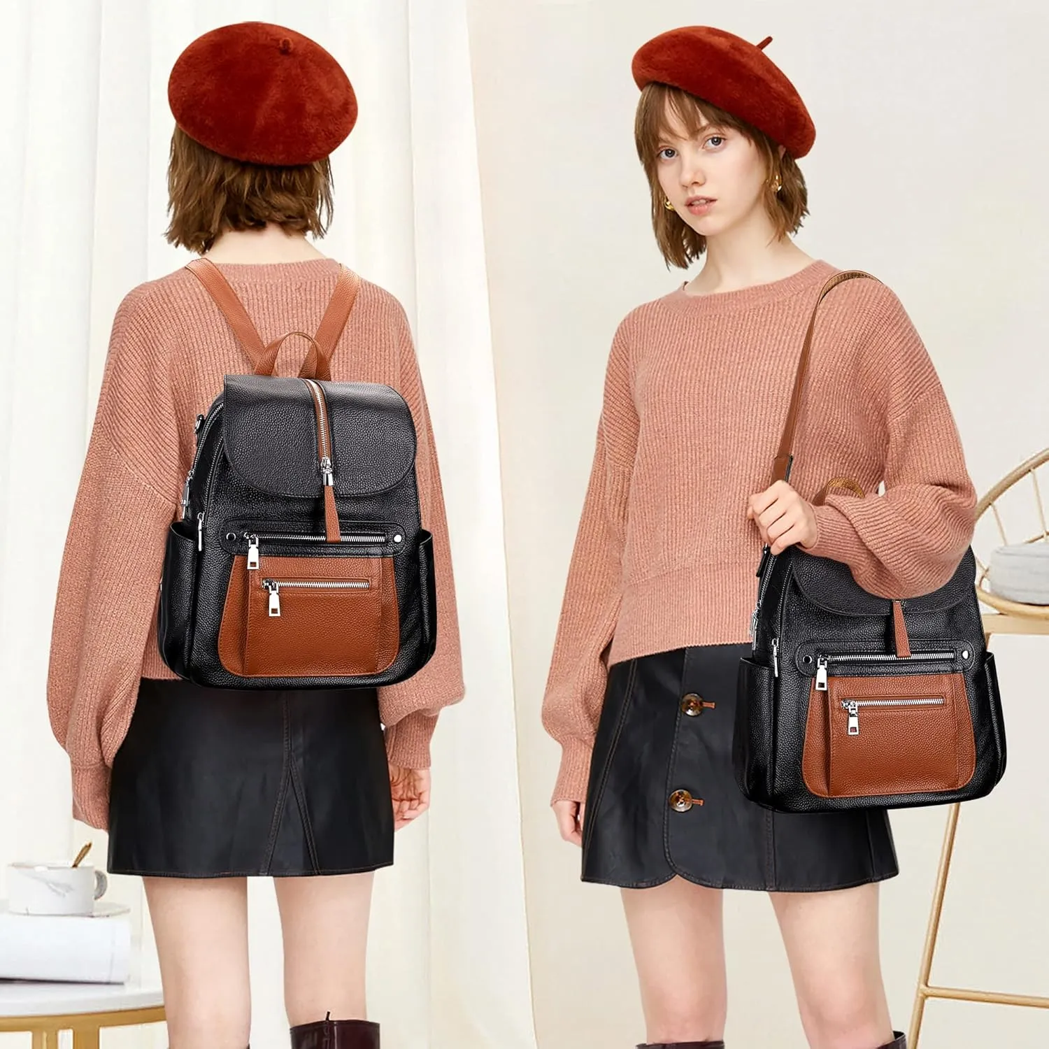ALTOSY Leather Backpack Purse for Women Fashion Casual Handbag with Multi Pockets and Flap