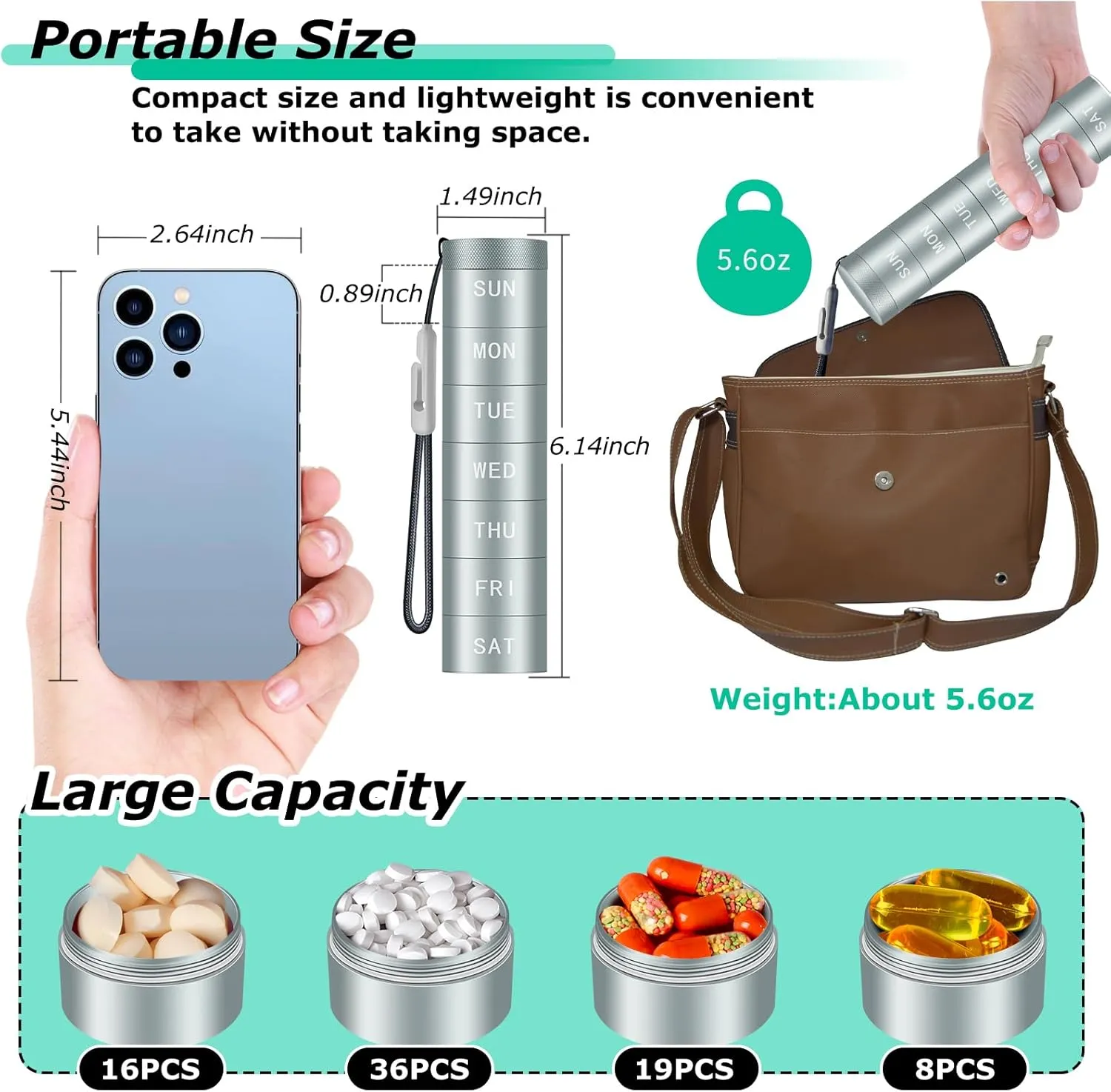 Aluminium Travel Pill Organizer,Weekly Metal Pill Case,Pill Holder, Moisture Proof Waterproof Daily Pill Box 7 Day, Large Pill Container to Hold Vitamins,Medication,Supplements 【Light Blue】