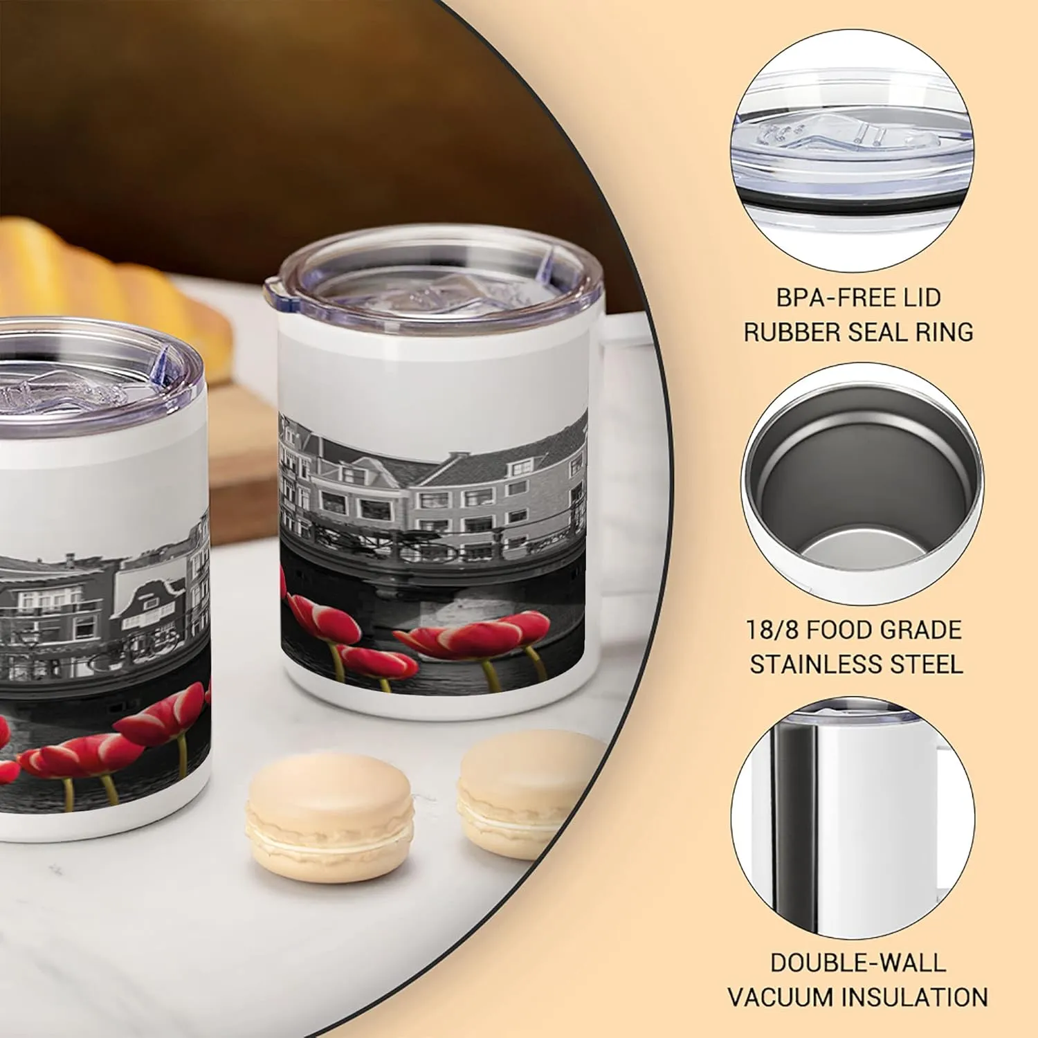 Ambesonne Black and White 10 Oz Steel Mug, Monochrome Photo of Amsterdam Canal with Red Tulips and Houses, Vacuum Insulated Leak-resistant Cup for Outdoor Hiking and Picnics, Black White and Red