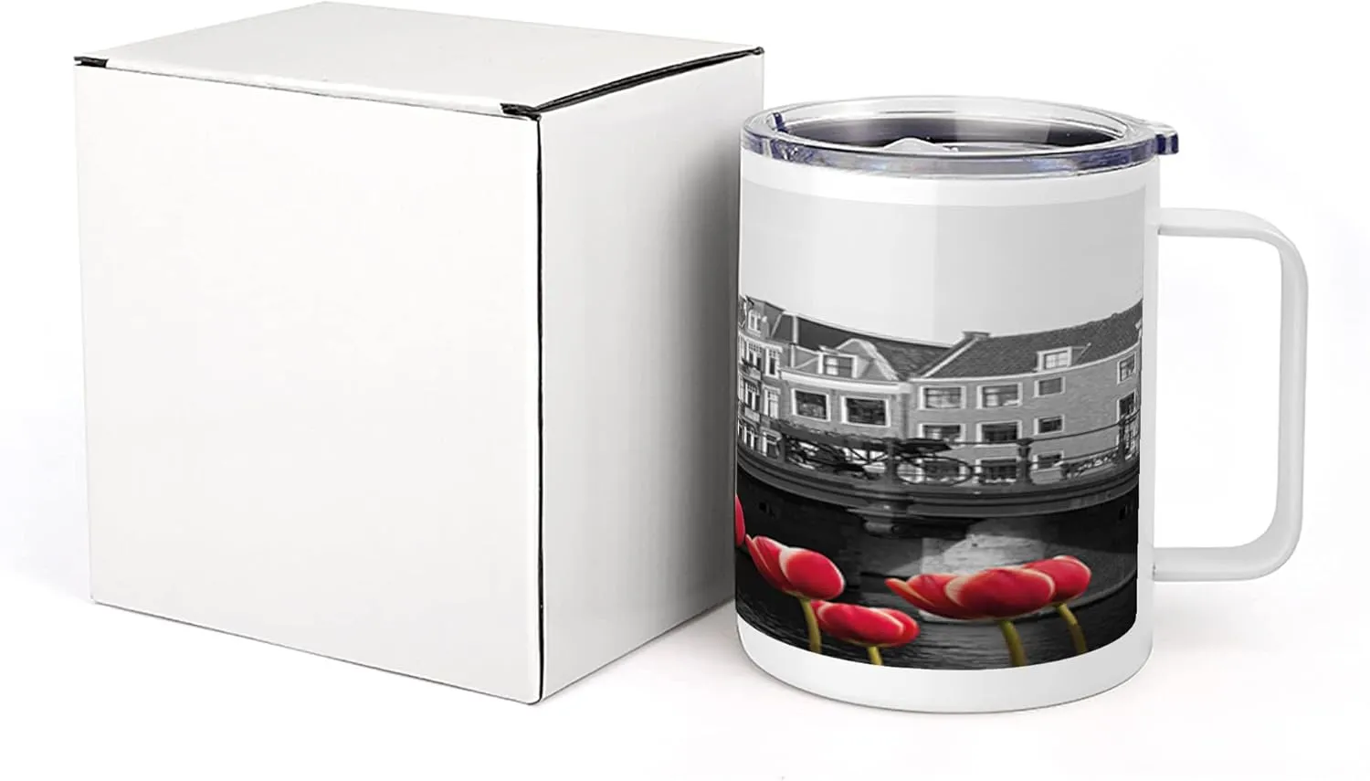 Ambesonne Black and White 10 Oz Steel Mug, Monochrome Photo of Amsterdam Canal with Red Tulips and Houses, Vacuum Insulated Leak-resistant Cup for Outdoor Hiking and Picnics, Black White and Red