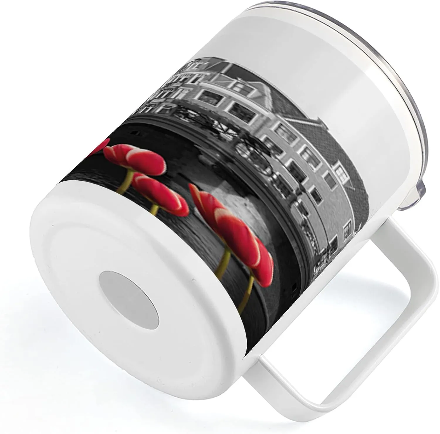 Ambesonne Black and White 10 Oz Steel Mug, Monochrome Photo of Amsterdam Canal with Red Tulips and Houses, Vacuum Insulated Leak-resistant Cup for Outdoor Hiking and Picnics, Black White and Red