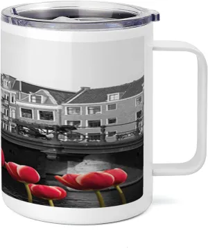 Ambesonne Black and White 10 Oz Steel Mug, Monochrome Photo of Amsterdam Canal with Red Tulips and Houses, Vacuum Insulated Leak-resistant Cup for Outdoor Hiking and Picnics, Black White and Red