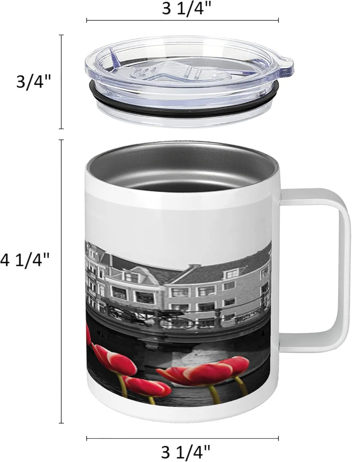 Ambesonne Black and White 10 Oz Steel Mug, Monochrome Photo of Amsterdam Canal with Red Tulips and Houses, Vacuum Insulated Leak-resistant Cup for Outdoor Hiking and Picnics, Black White and Red