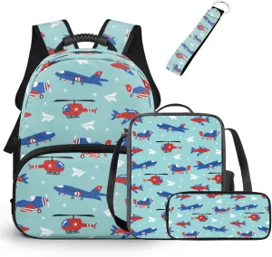 America Flag Backpack for Boys Planes Bookbag Set with Lunch Box 4 in 1 Kids School Bag for Boys Ages 3-5 for Preschool Kindergarten Students Travel Book Bag
