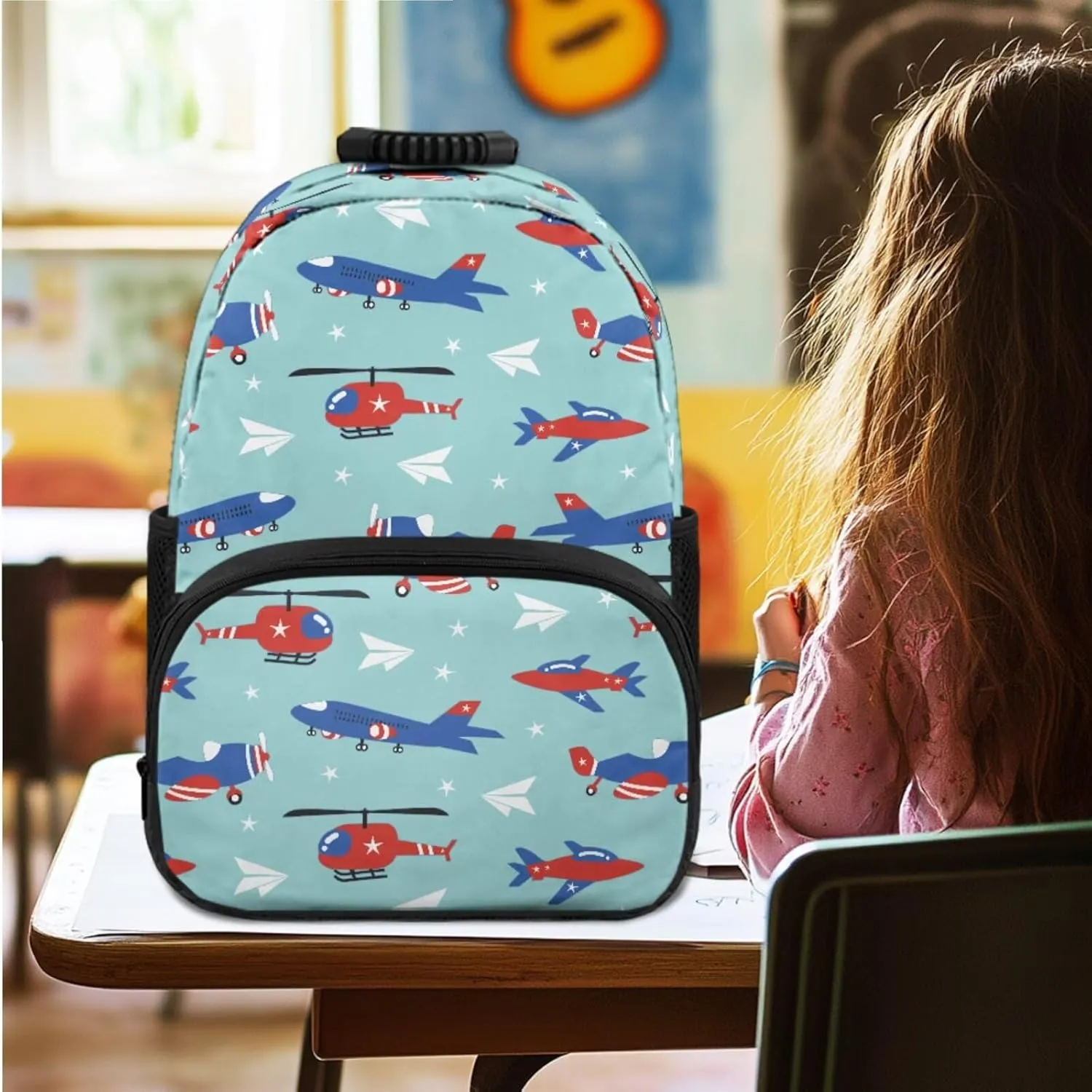 America Flag Backpack for Boys Planes Bookbag Set with Lunch Box 4 in 1 Kids School Bag for Boys Ages 3-5 for Preschool Kindergarten Students Travel Book Bag