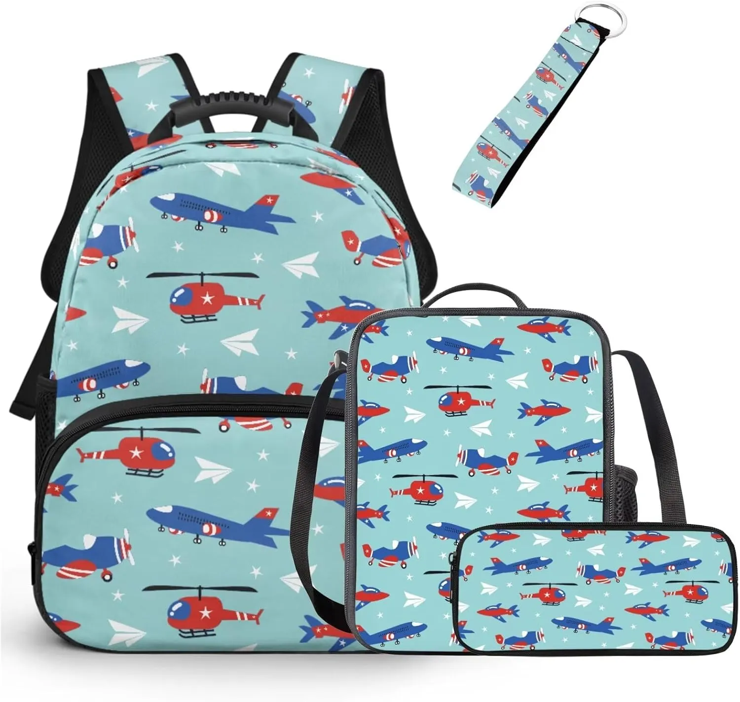 America Flag Backpack for Boys Planes Bookbag Set with Lunch Box 4 in 1 Kids School Bag for Boys Ages 3-5 for Preschool Kindergarten Students Travel Book Bag