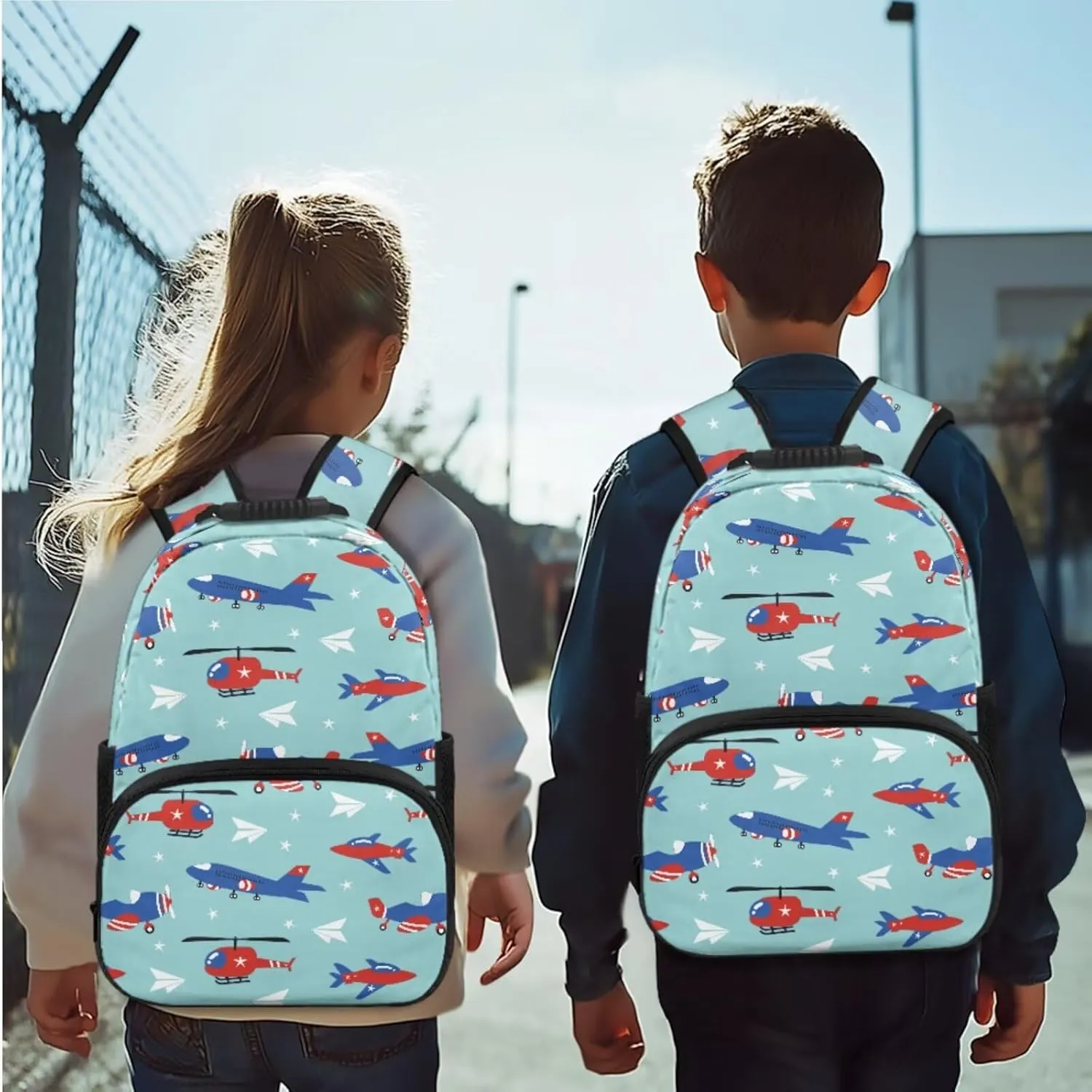 America Flag Backpack for Boys Planes Bookbag Set with Lunch Box 4 in 1 Kids School Bag for Boys Ages 3-5 for Preschool Kindergarten Students Travel Book Bag