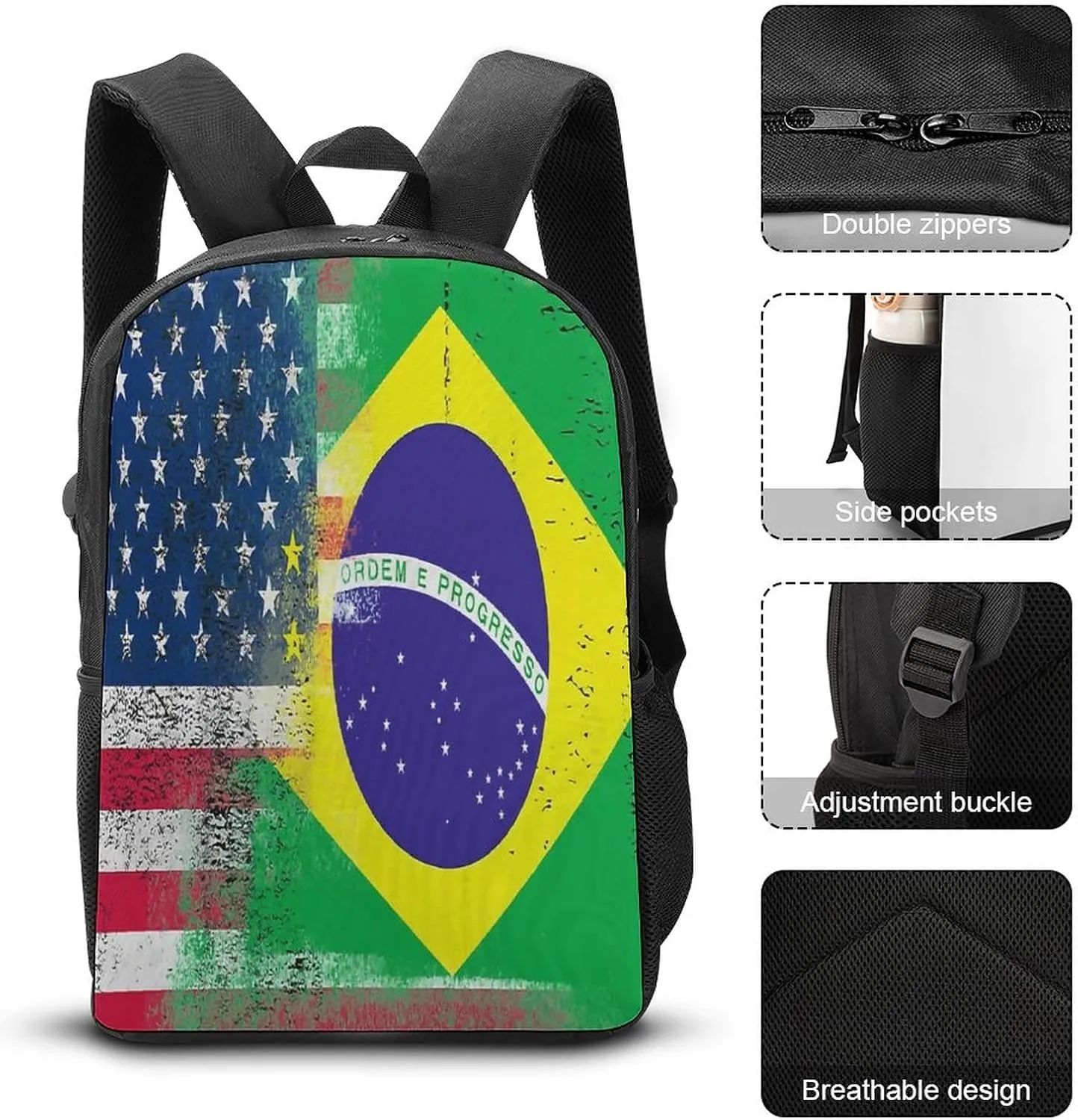 American And Brazilian Flag Backpack with Adjustable Straps, Suitable for Travel Picnics Activities