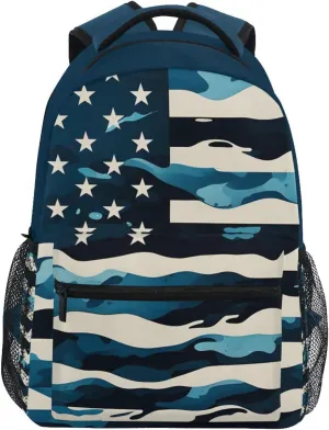 American Flag Blue Camouflage Stripes School Kids Backpack for Boys Girls Laptop Backpack Lightweight Travel Bag for Women Men