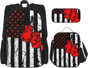 American Flag Vintage Boxing Apparel Multifunctional Pocket Backpack Crossbody Lunch Bag Pencil Case 3Pcs Set Large Capacity Backpack