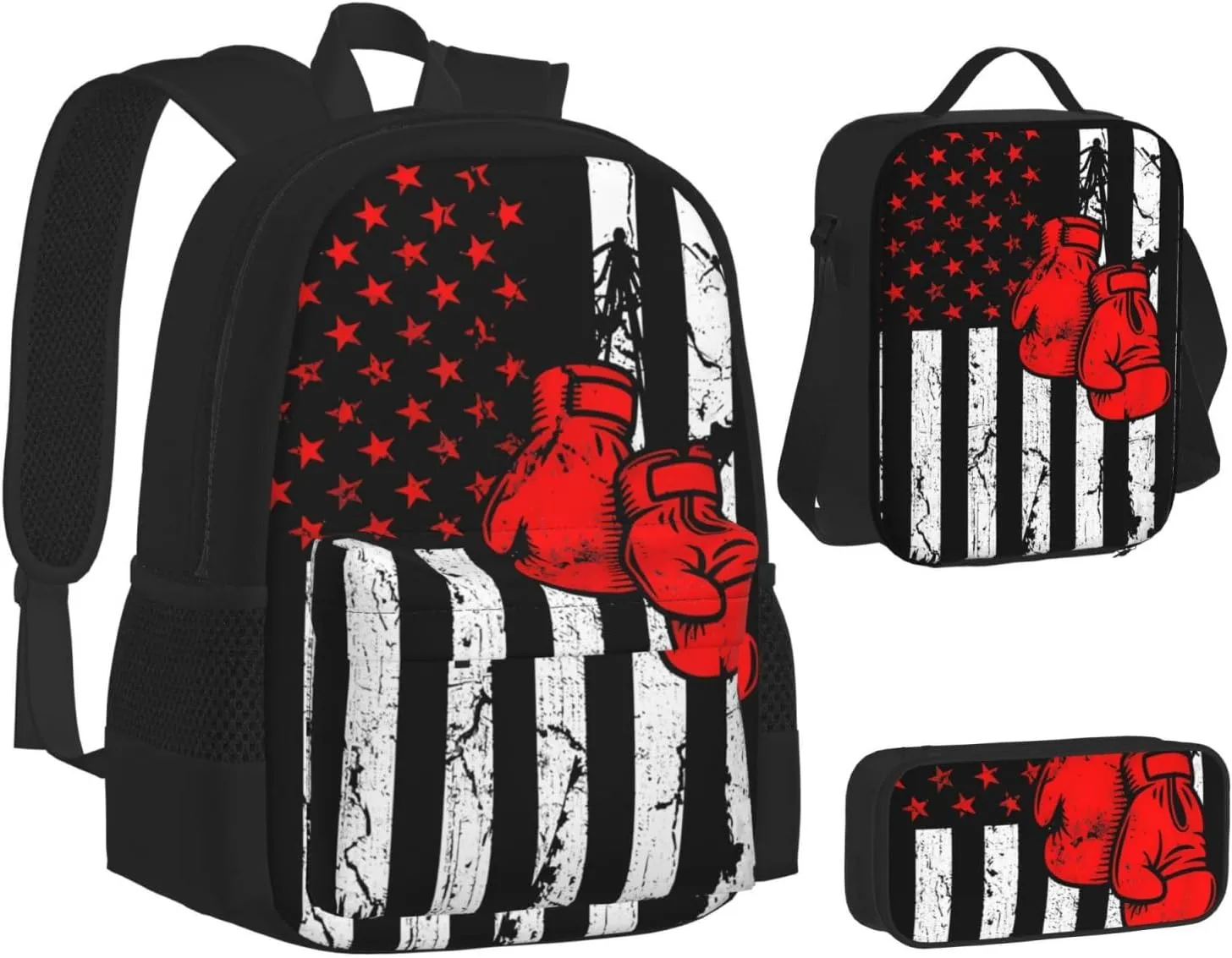 American Flag Vintage Boxing Apparel Multifunctional Pocket Backpack Crossbody Lunch Bag Pencil Case 3Pcs Set Large Capacity Backpack