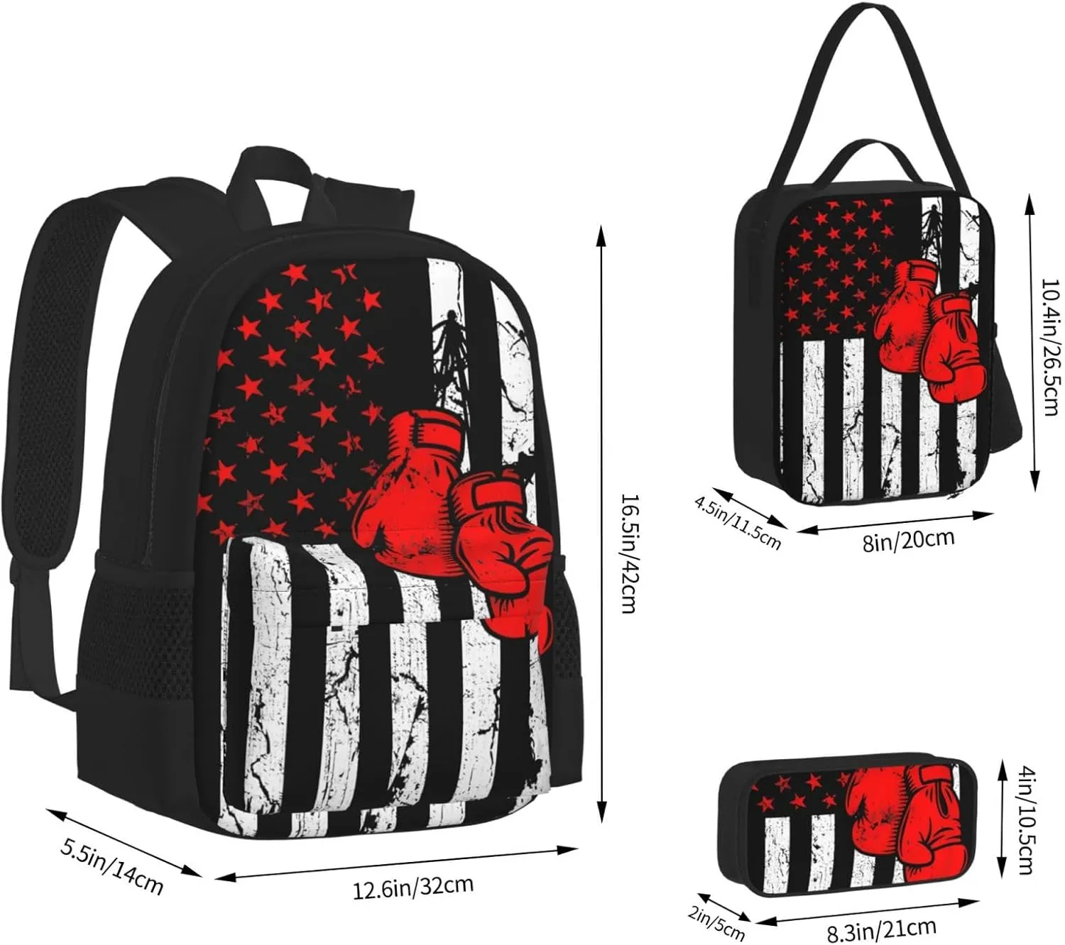 American Flag Vintage Boxing Apparel Multifunctional Pocket Backpack Crossbody Lunch Bag Pencil Case 3Pcs Set Large Capacity Backpack