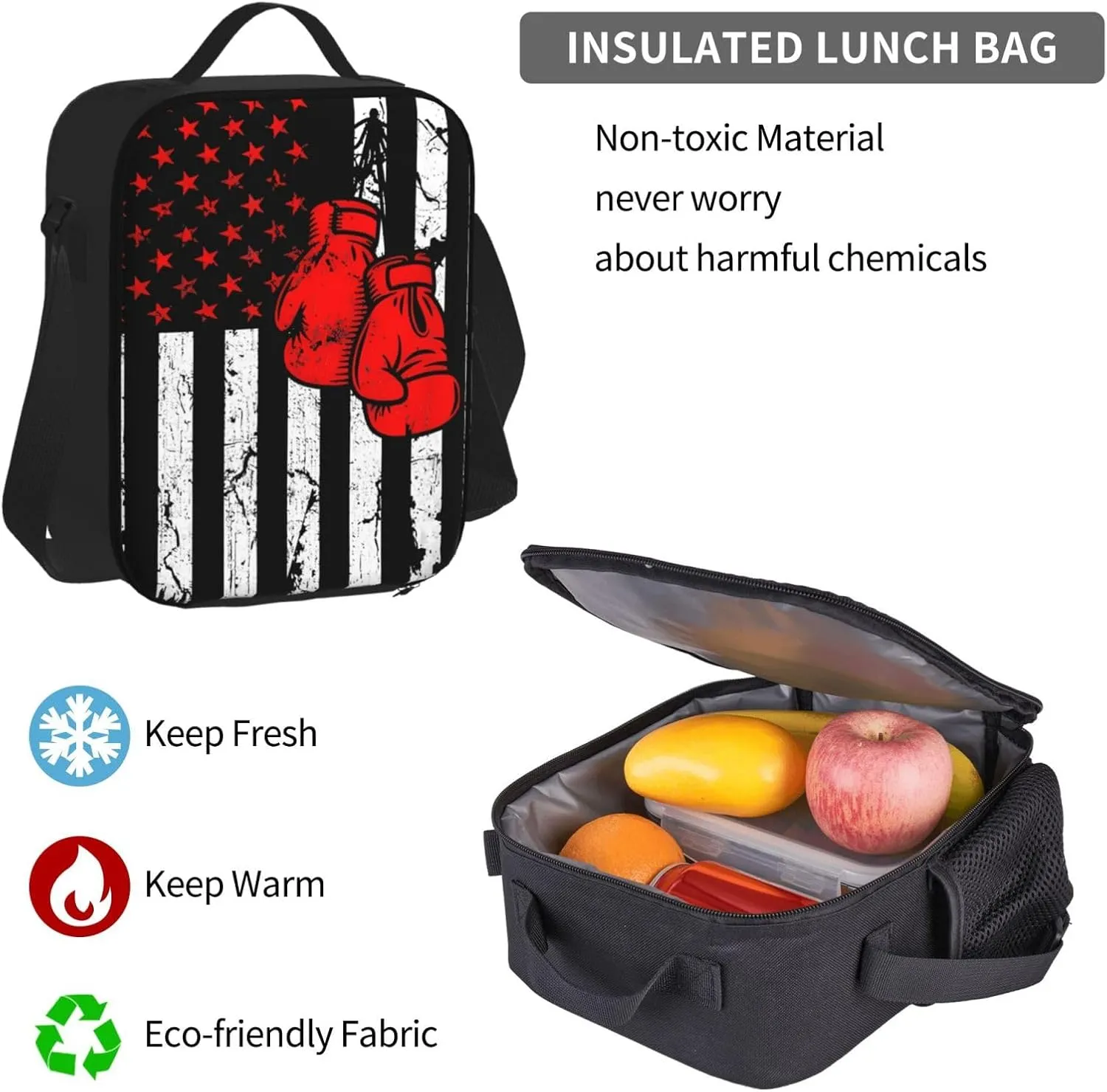 American Flag Vintage Boxing Apparel Multifunctional Pocket Backpack Crossbody Lunch Bag Pencil Case 3Pcs Set Large Capacity Backpack