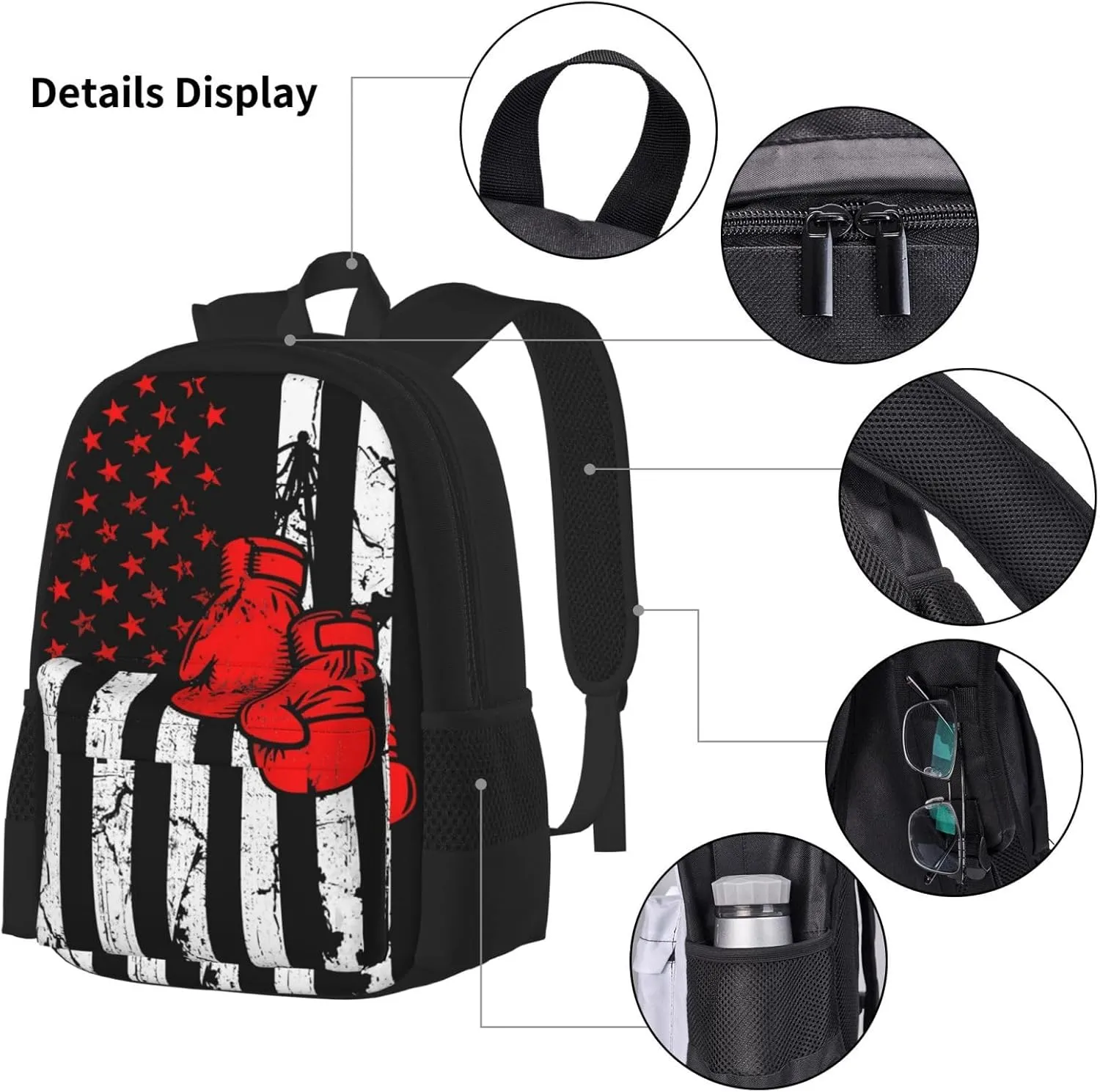 American Flag Vintage Boxing Apparel Multifunctional Pocket Backpack Crossbody Lunch Bag Pencil Case 3Pcs Set Large Capacity Backpack