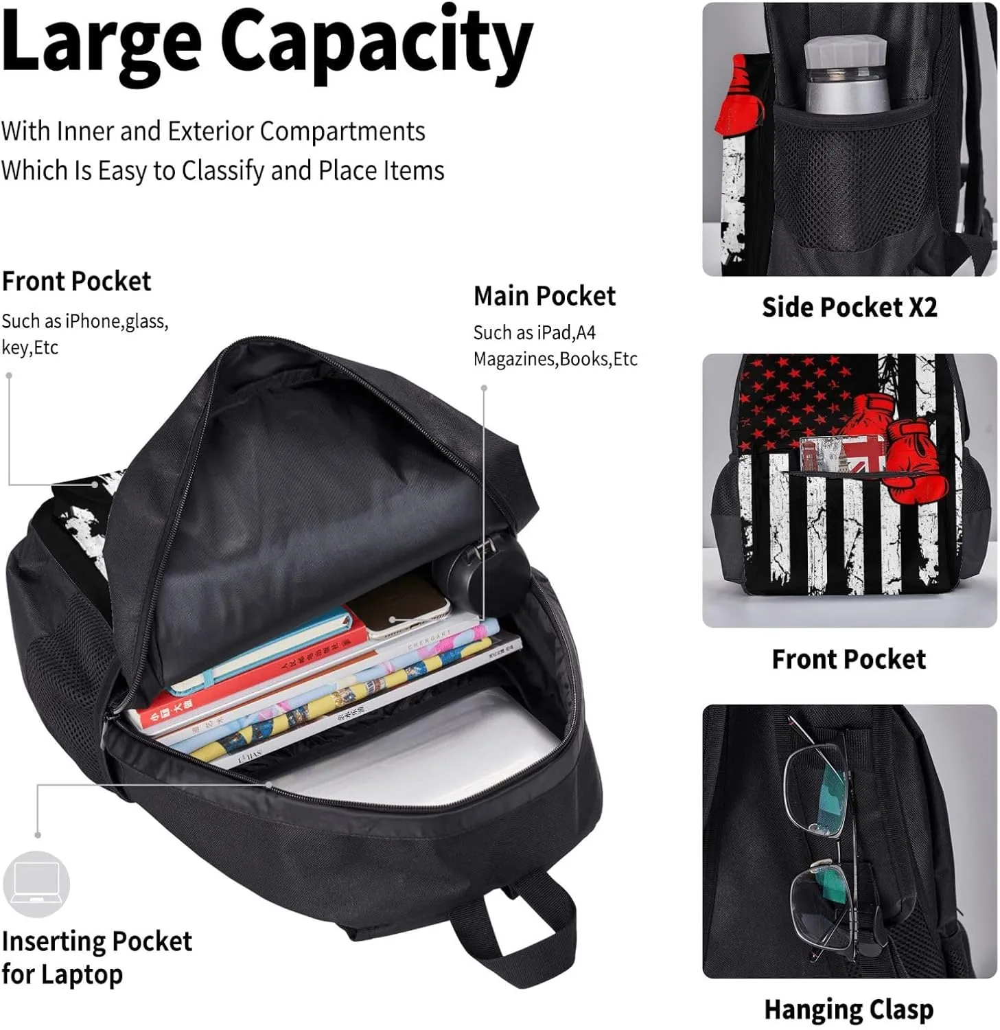 American Flag Vintage Boxing Apparel Multifunctional Pocket Backpack Crossbody Lunch Bag Pencil Case 3Pcs Set Large Capacity Backpack