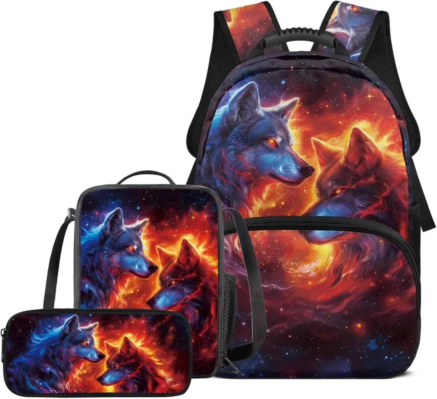 American Flag Wolf Kids Backpack and Lunch Box Set Boys, Teen School Bag for Ages 14-16 Trendy Modern Design Large Capacity Laptops Backpack 3 Pieces