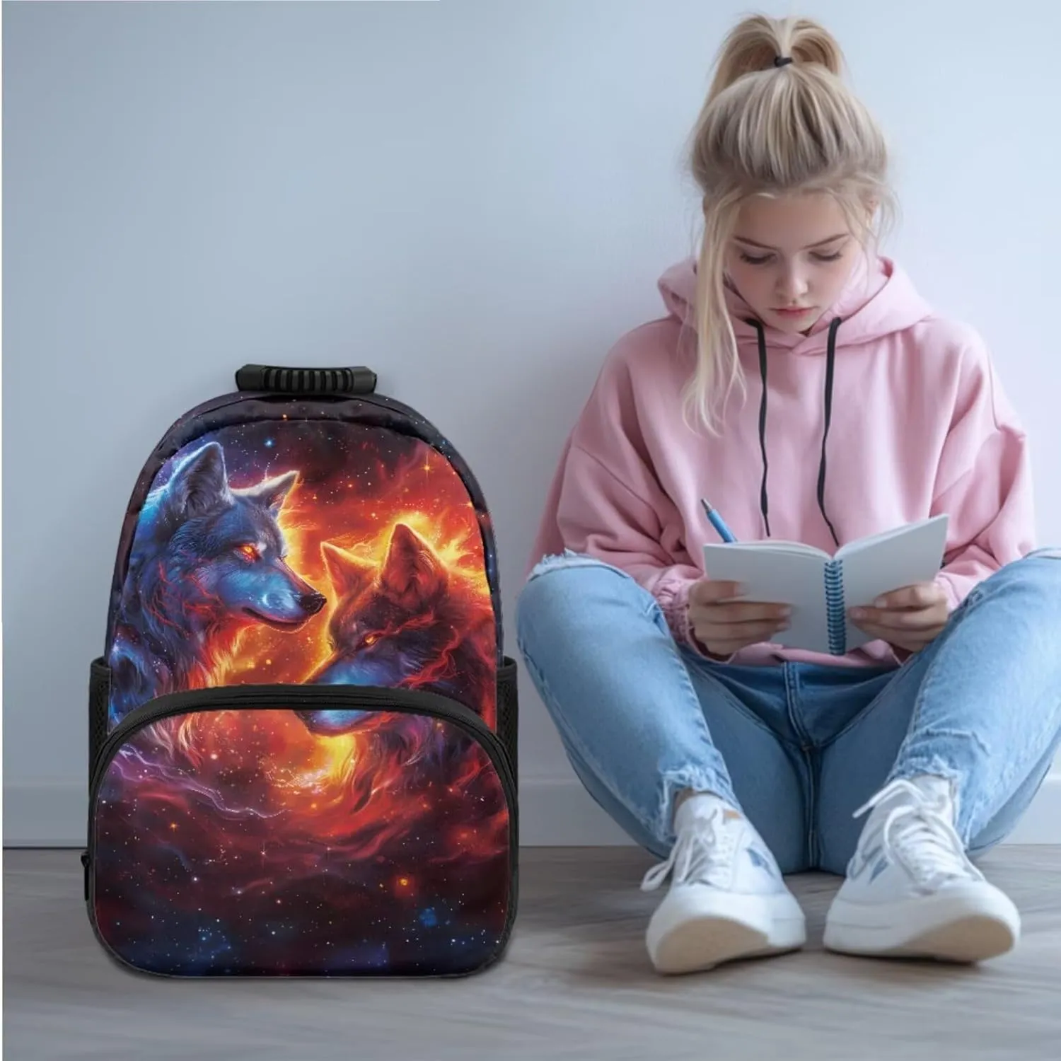 American Flag Wolf Kids Backpack and Lunch Box Set Boys, Teen School Bag for Ages 14-16 Trendy Modern Design Large Capacity Laptops Backpack 3 Pieces