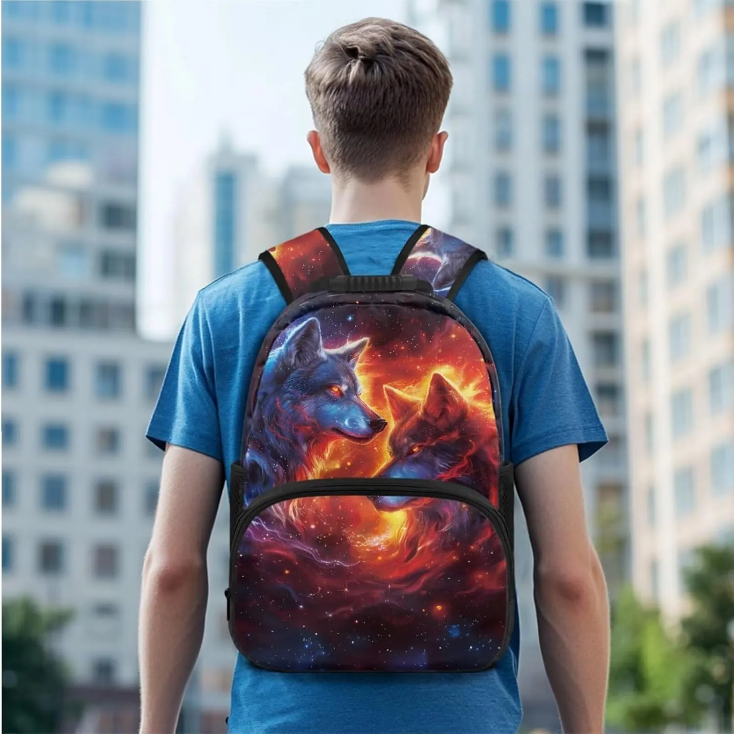 American Flag Wolf Kids Backpack and Lunch Box Set Boys, Teen School Bag for Ages 14-16 Trendy Modern Design Large Capacity Laptops Backpack 3 Pieces