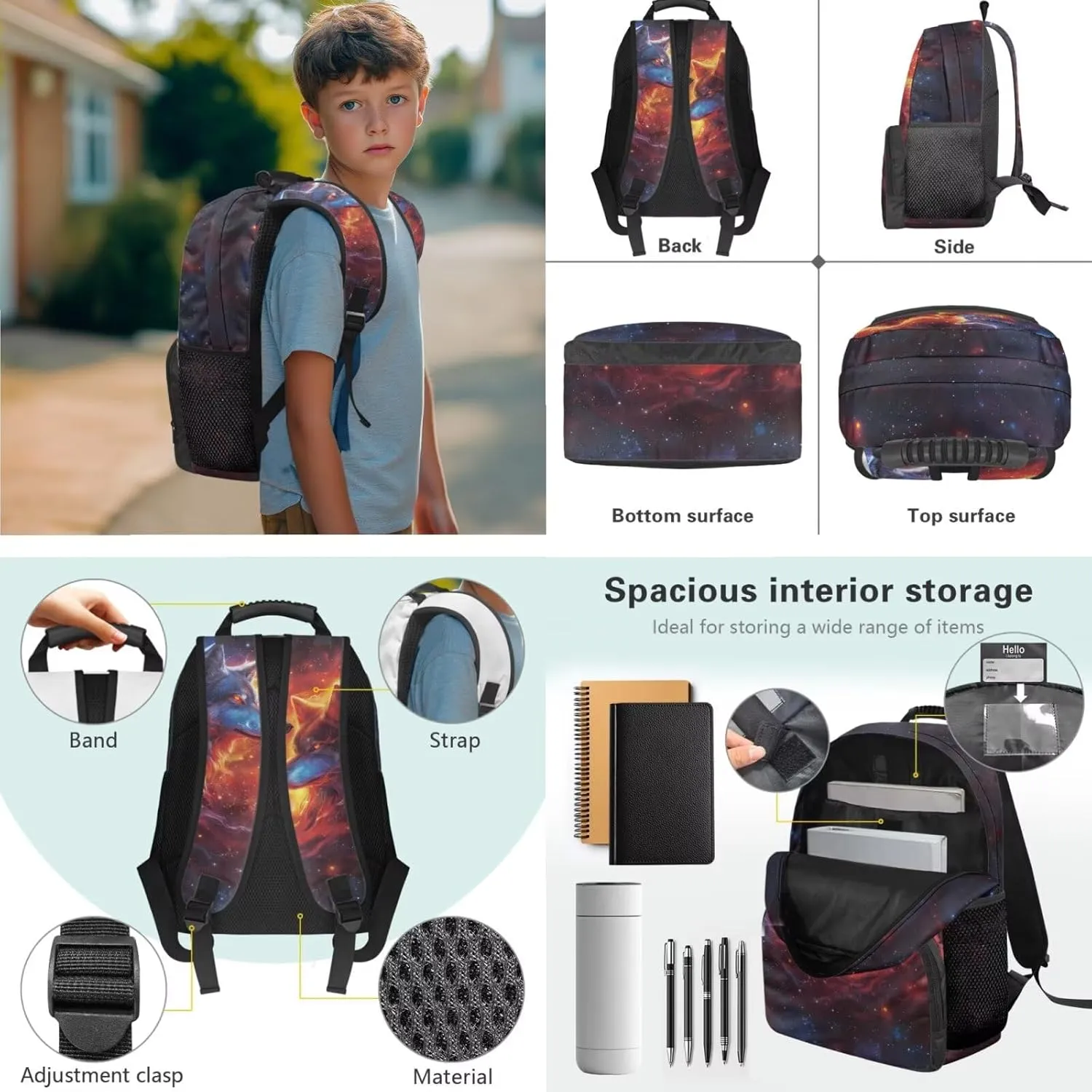 American Flag Wolf Kids Backpack and Lunch Box Set Boys, Teen School Bag for Ages 14-16 Trendy Modern Design Large Capacity Laptops Backpack 3 Pieces