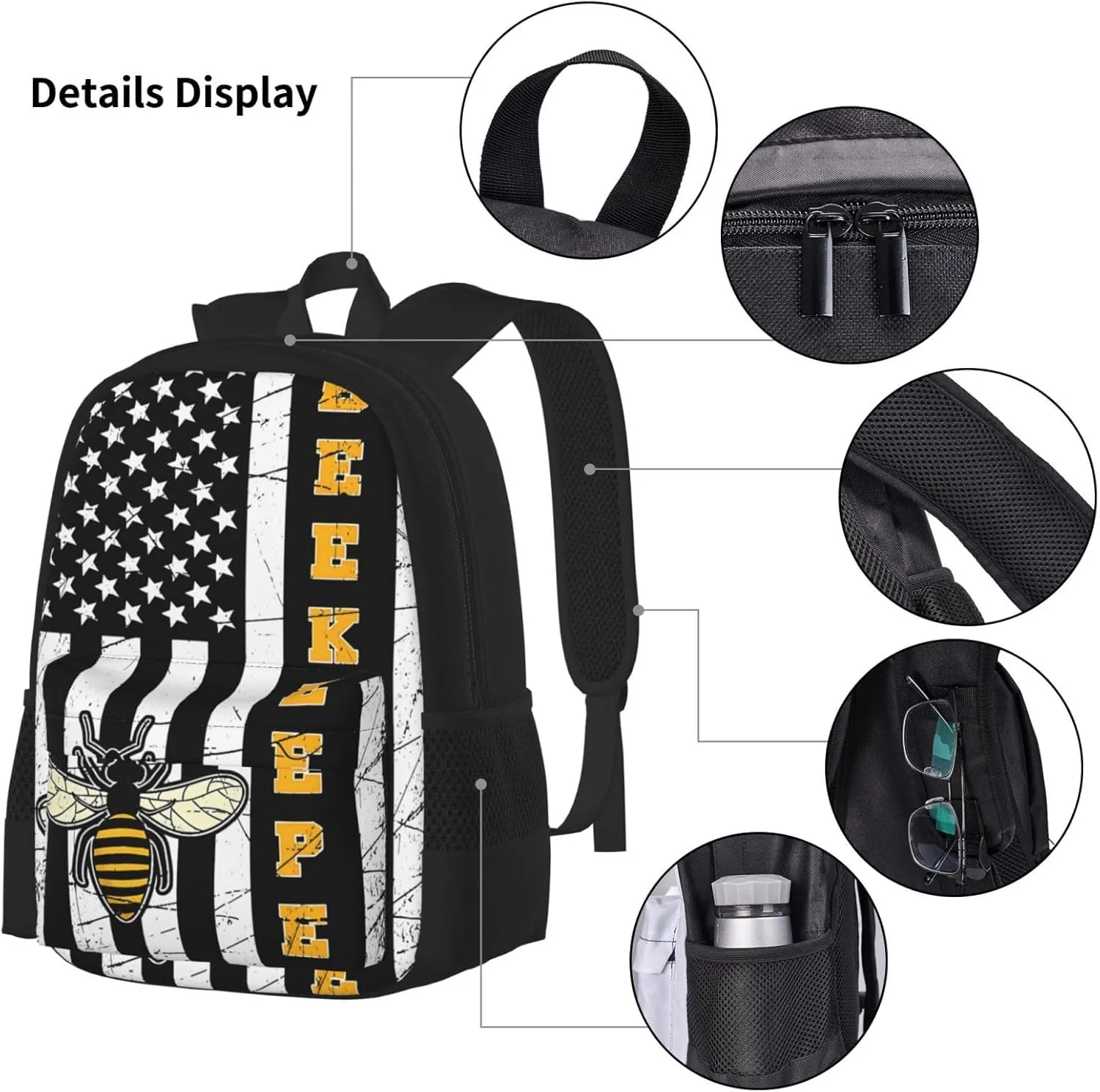 American Pride Bee Whisperer Farmer Gifts Beekeeper Multifunctional Pocket Backpack Crossbody Lunch Bag Pencil Case 3Pcs Set Large Capacity Backpack