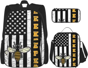 American Pride Bee Whisperer Farmer Gifts Beekeeper Multifunctional Pocket Backpack Crossbody Lunch Bag Pencil Case 3Pcs Set Large Capacity Backpack