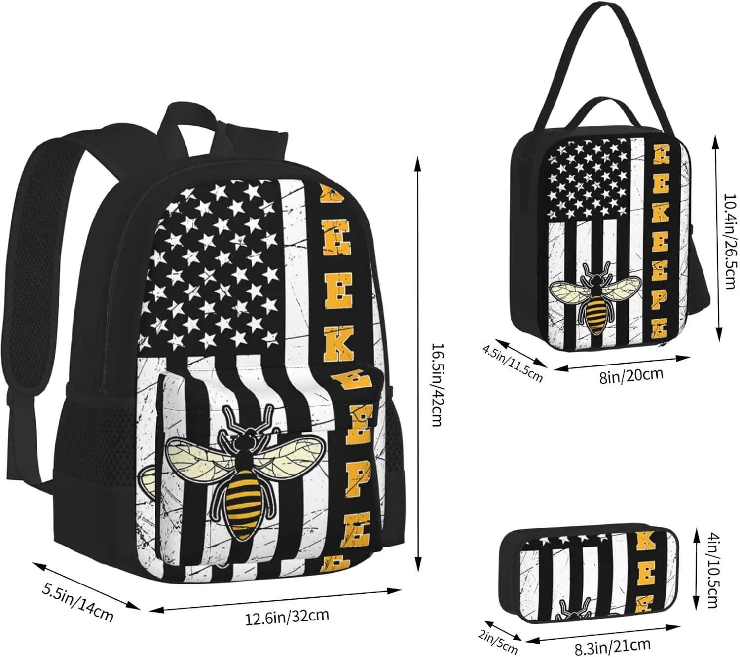 American Pride Bee Whisperer Farmer Gifts Beekeeper Multifunctional Pocket Backpack Crossbody Lunch Bag Pencil Case 3Pcs Set Large Capacity Backpack