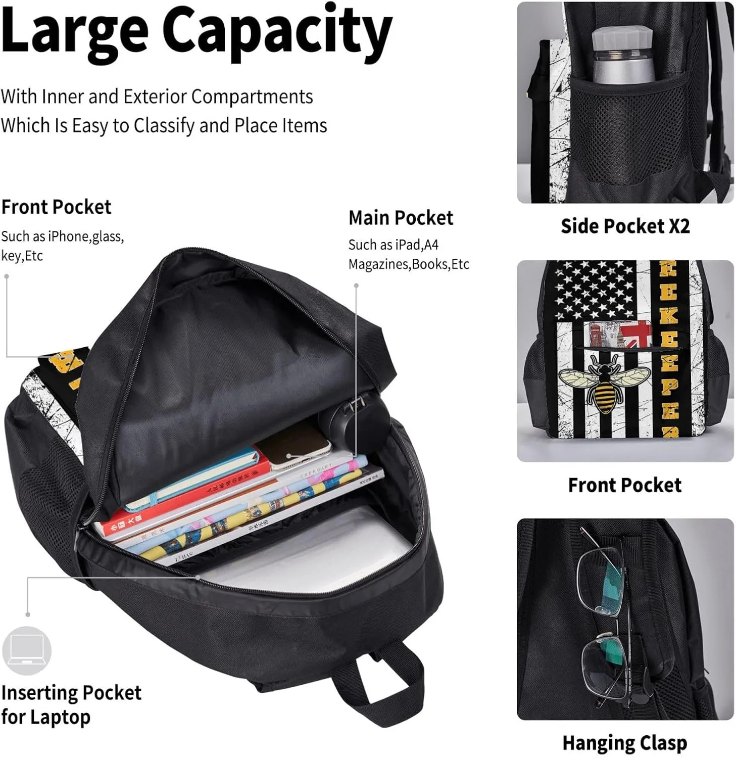 American Pride Bee Whisperer Farmer Gifts Beekeeper Multifunctional Pocket Backpack Crossbody Lunch Bag Pencil Case 3Pcs Set Large Capacity Backpack