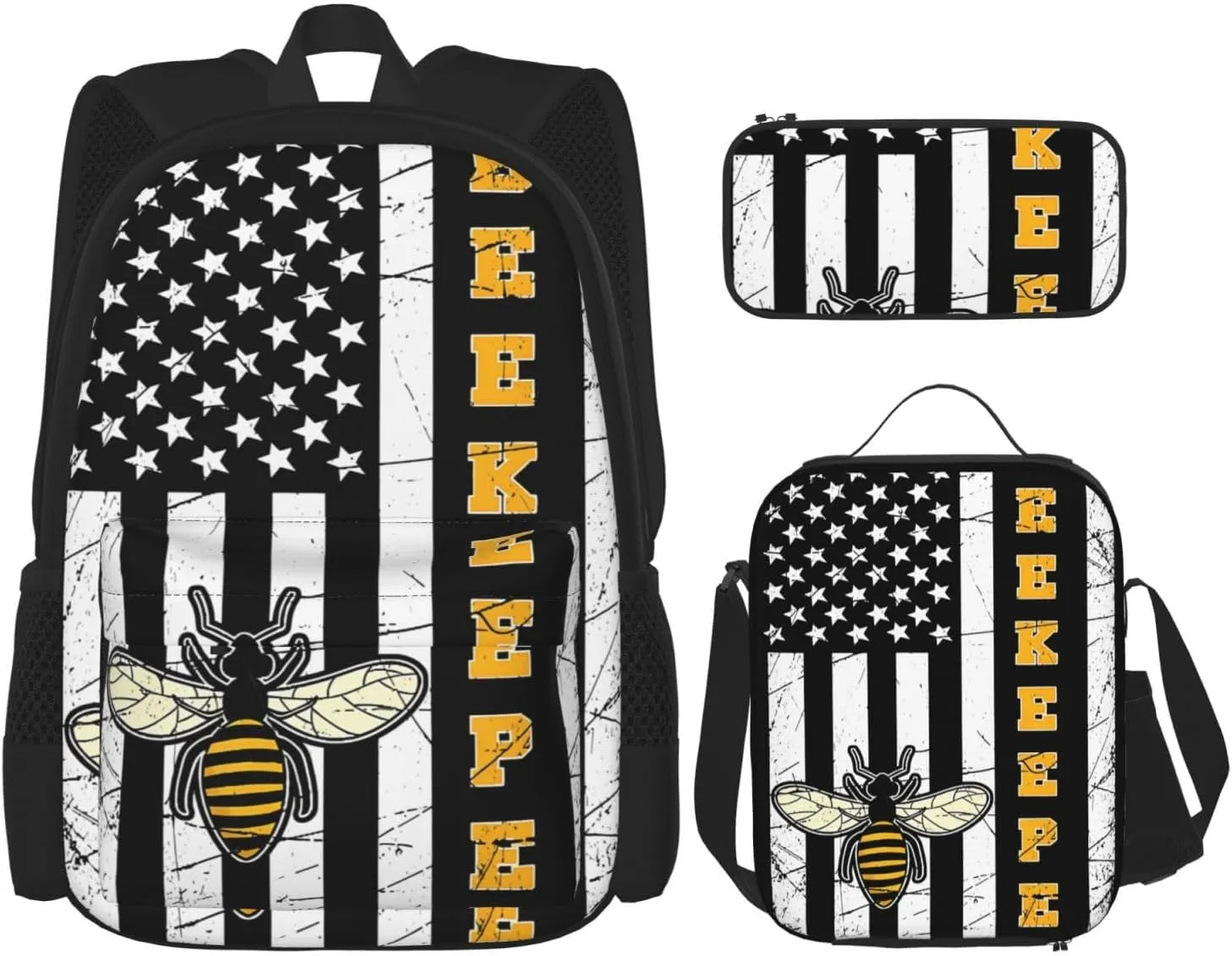 American Pride Bee Whisperer Farmer Gifts Beekeeper Multifunctional Pocket Backpack Crossbody Lunch Bag Pencil Case 3Pcs Set Large Capacity Backpack