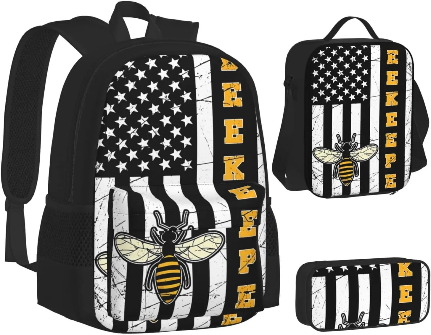 American Pride Bee Whisperer Farmer Gifts Beekeeper Multifunctional Pocket Backpack Crossbody Lunch Bag Pencil Case 3Pcs Set Large Capacity Backpack
