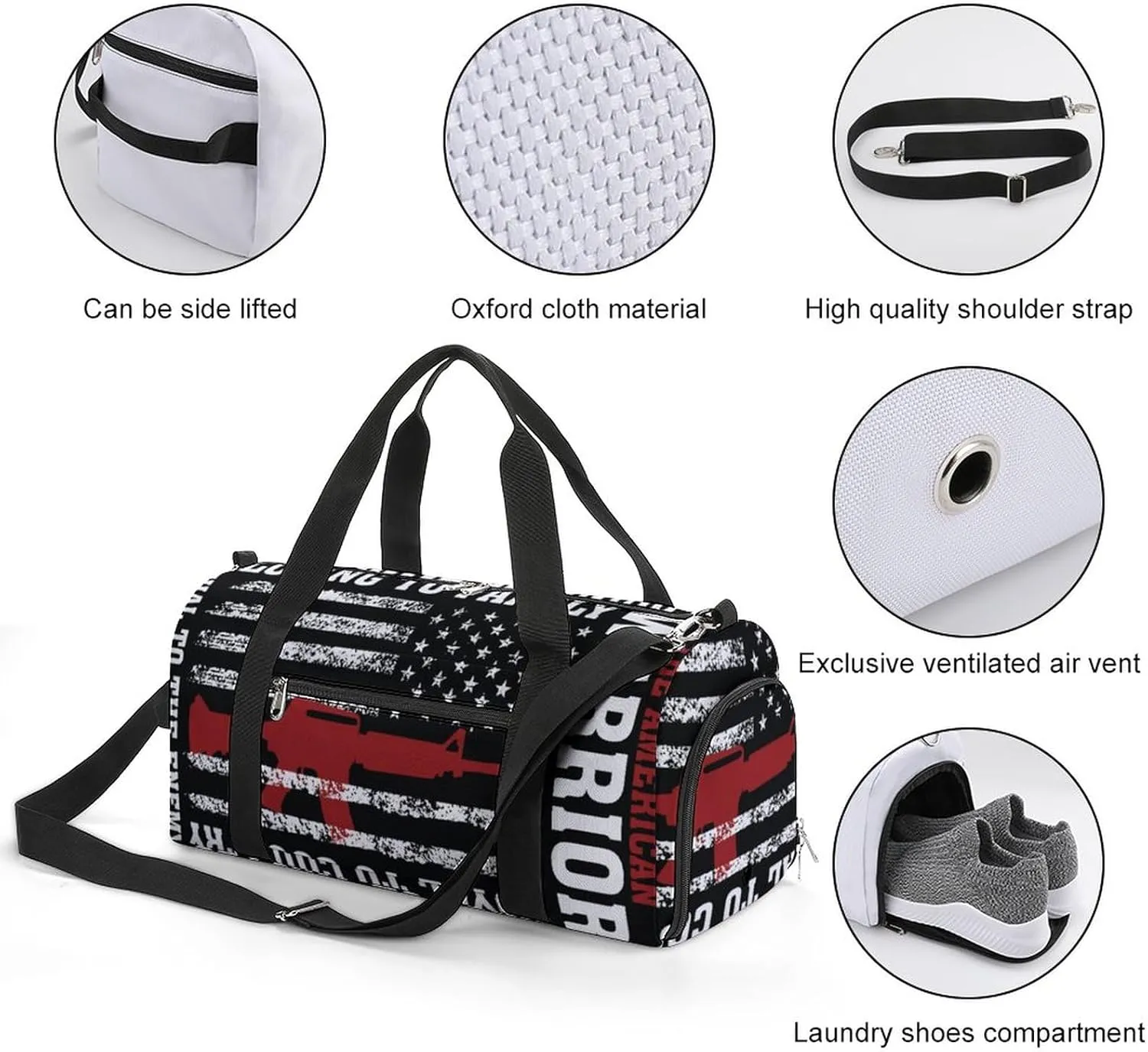 American Soldier American Flag Water Resistant Gym Bag with Shoe Compartment, Travel Duffel Tote Bag Weekender Overnight Bag for Women Men