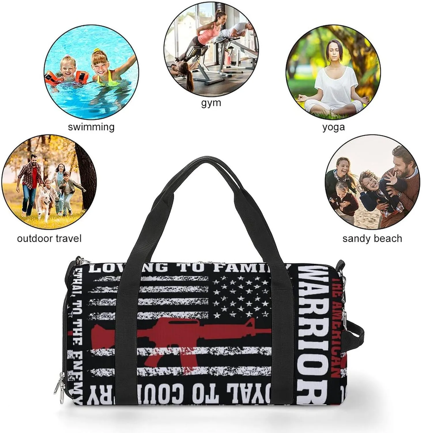 American Soldier American Flag Water Resistant Gym Bag with Shoe Compartment, Travel Duffel Tote Bag Weekender Overnight Bag for Women Men