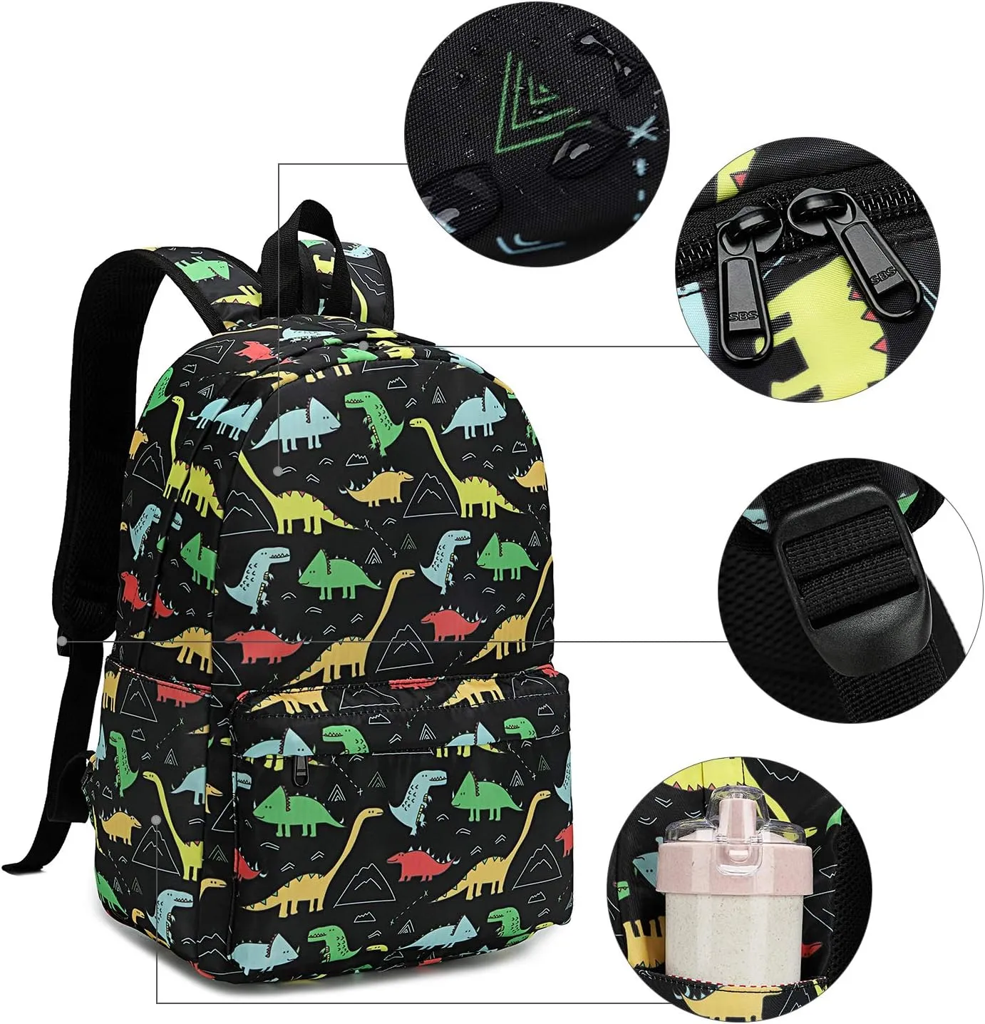 AMTOP Kids Backpack Boys and Girls Preschool Backpack with Lunch Bag Children Kindergarten Bookbag Set (Y025-2 Dino-Black)