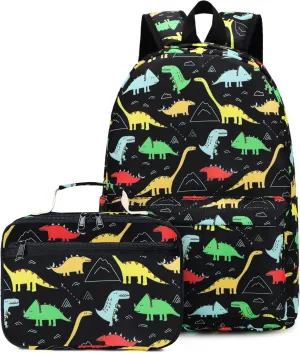 AMTOP Kids Backpack Boys and Girls Preschool Backpack with Lunch Bag Children Kindergarten Bookbag Set (Y025-2 Dino-Black)