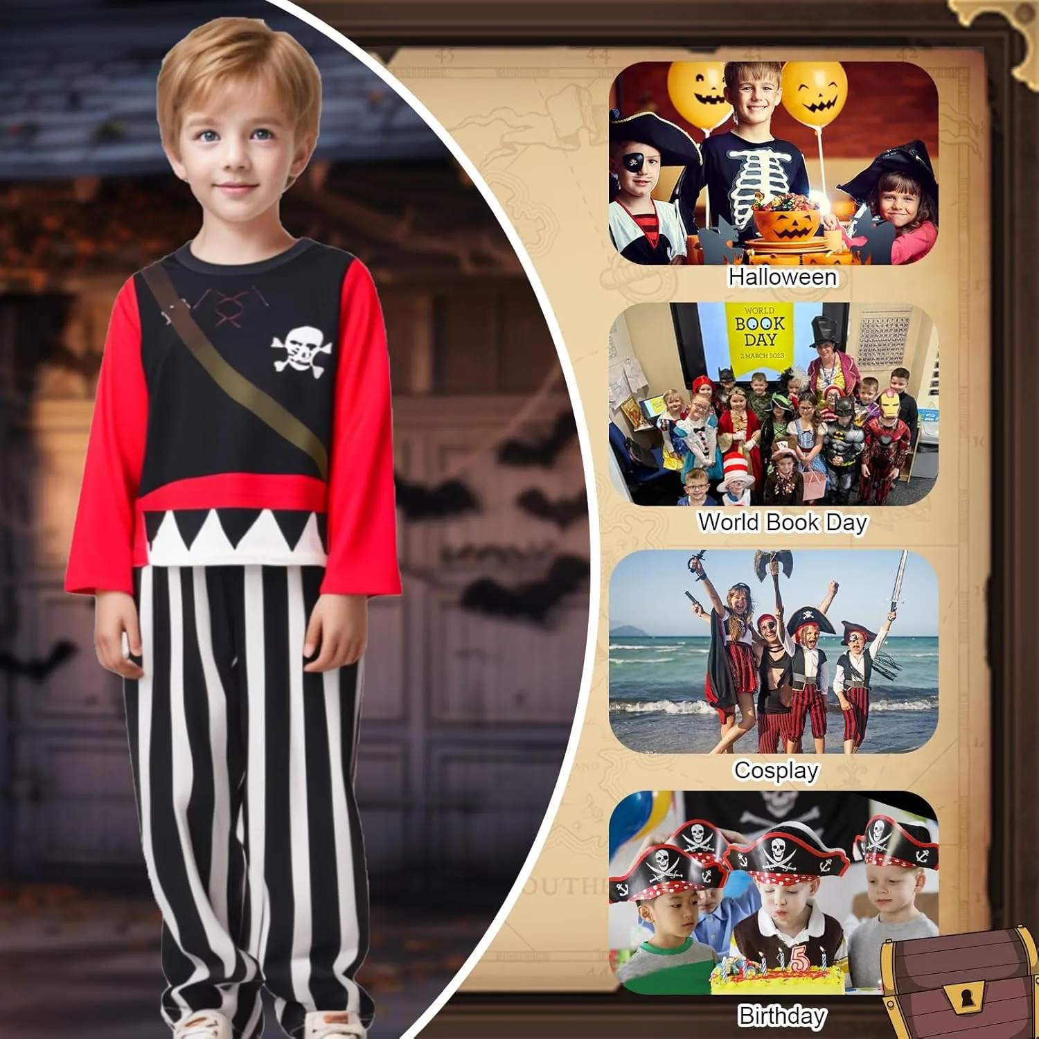 AmzBarley Boys Pirate Costume Toddler Kids Pirate Costume Accessories Theme Party Cosplay Halloween Dress Up Outfits Set