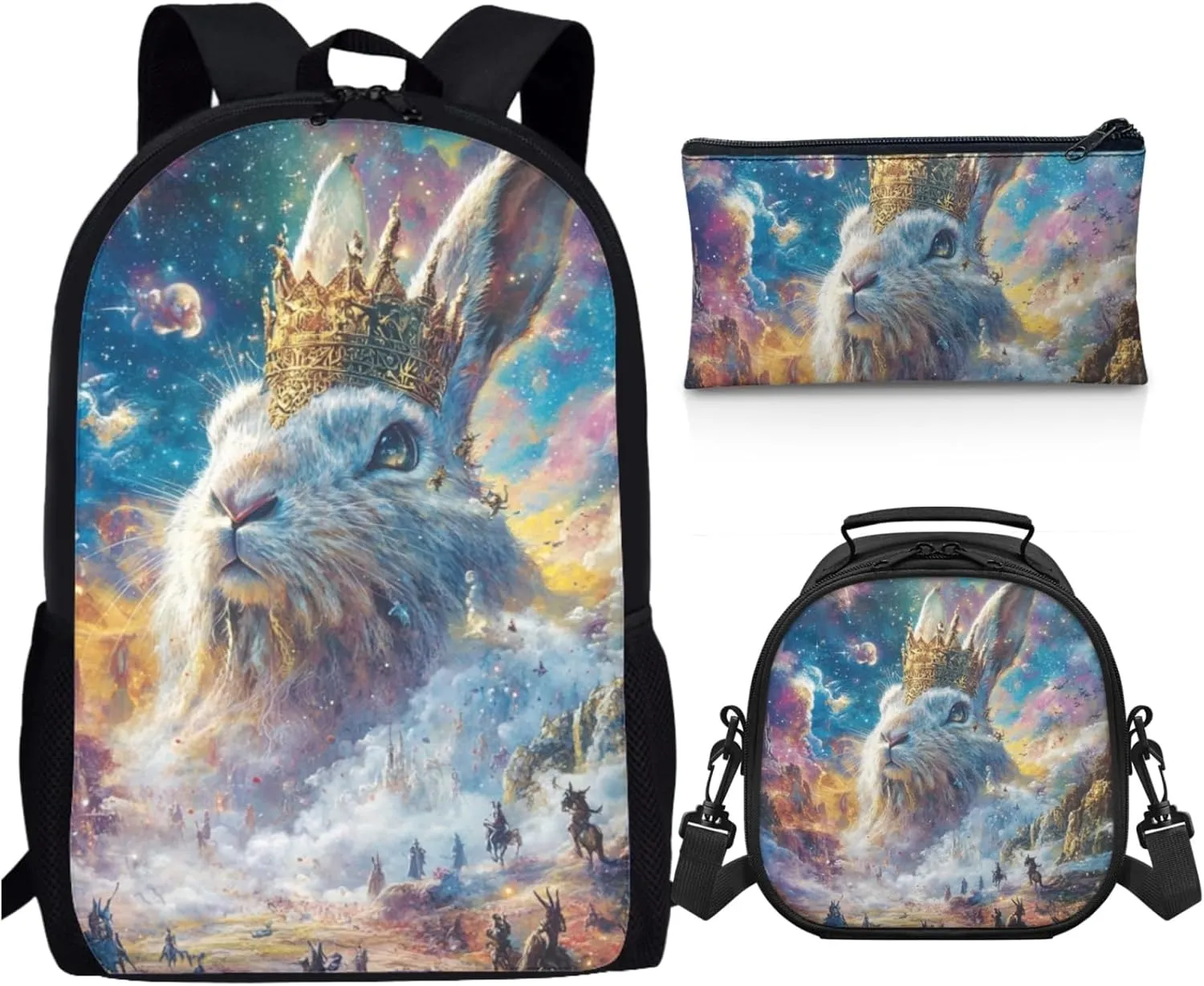 AmzPrint Mountain Hare Rabbit Backpack And Lunch Box Bags For Students Girls Boys Elementary School 3 In 1 Backpack Set