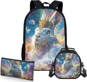 AmzPrint Mountain Hare Rabbit Backpack And Lunch Box Bags For Students Girls Boys Elementary School 3 In 1 Backpack Set