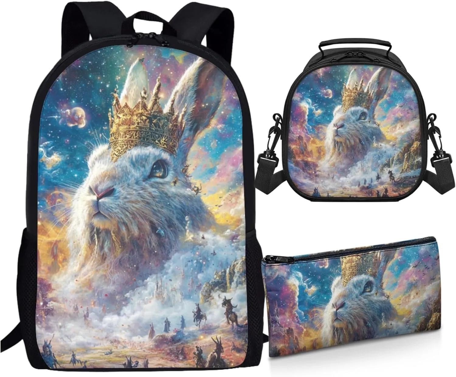 AmzPrint Mountain Hare Rabbit Backpack And Lunch Box Bags For Students Girls Boys Elementary School 3 In 1 Backpack Set