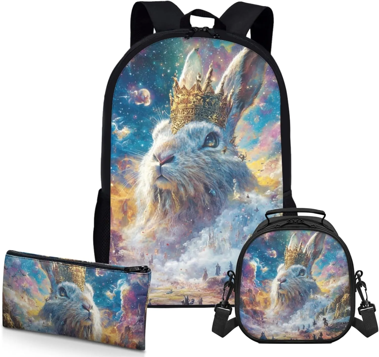 AmzPrint Mountain Hare Rabbit Backpack And Lunch Box Bags For Students Girls Boys Elementary School 3 In 1 Backpack Set