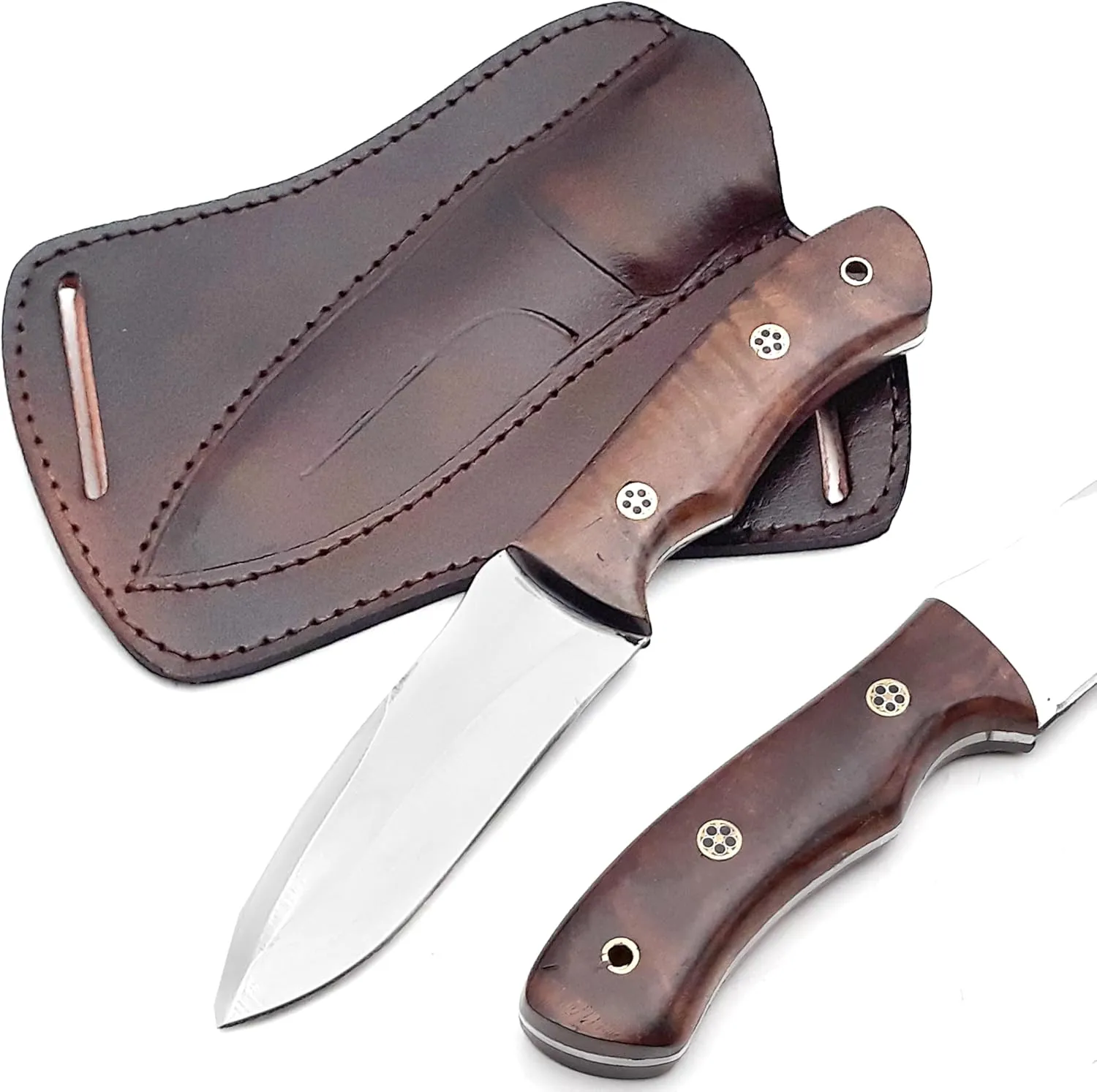 Ancilla 10″ Handmade Damascus Hunting Knife with Leather Sheath - Predator Hunter Damascus Steel Ideal for Skinning, Camping and Outdoor - EDC Fixed Blade Bushcraft Knife Full Tang (9″ High Polish)