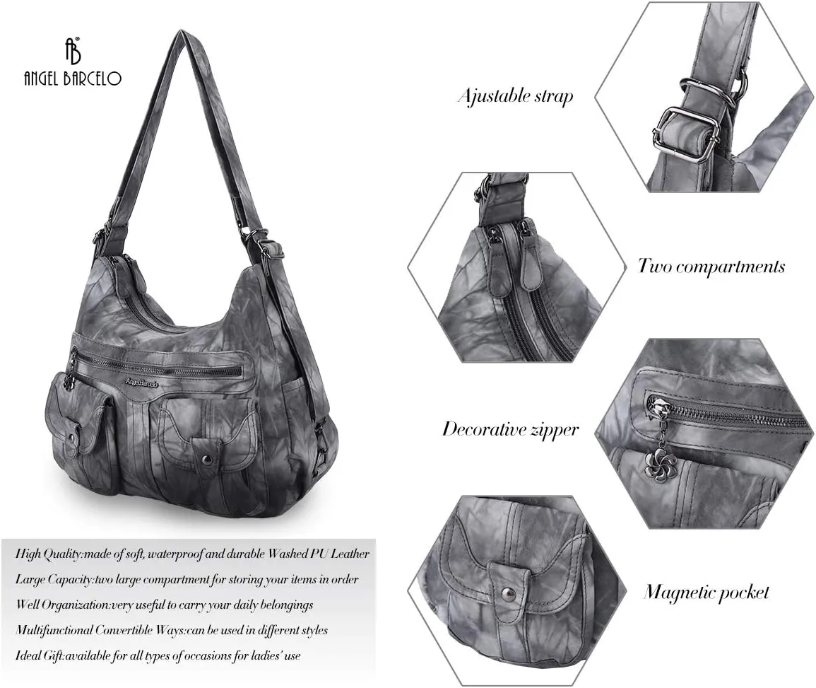 Angel Barcelo Women Multifunctional Soft Leather Handbag Purses Shoulder Hobo Backpack Crossbody Zipper Bag with Pocket