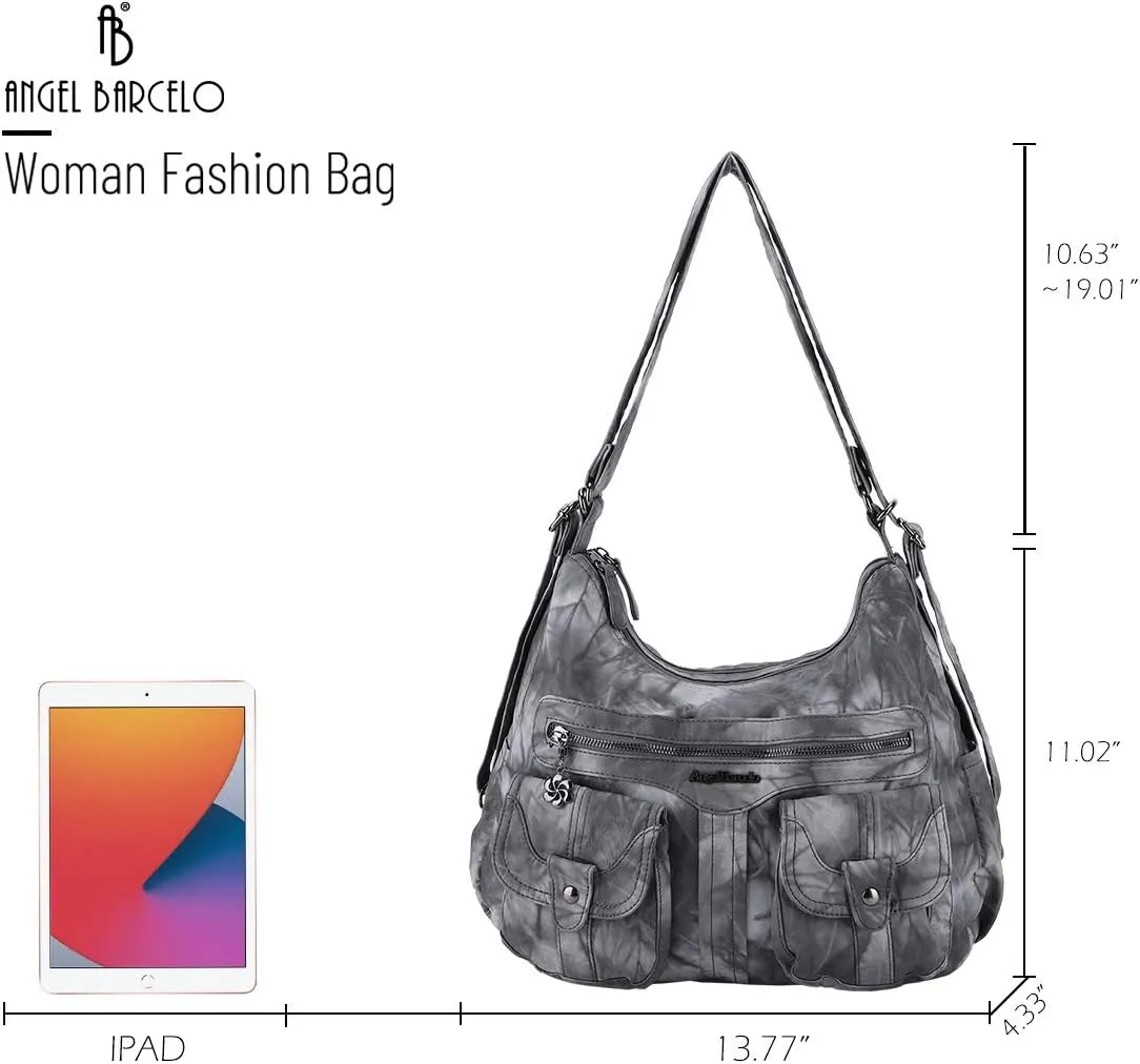 Angel Barcelo Women Multifunctional Soft Leather Handbag Purses Shoulder Hobo Backpack Crossbody Zipper Bag with Pocket