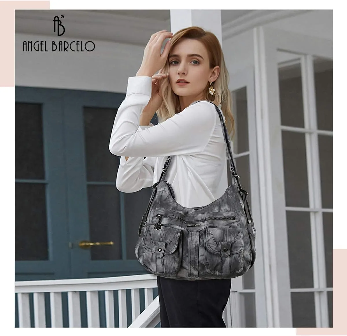 Angel Barcelo Women Multifunctional Soft Leather Handbag Purses Shoulder Hobo Backpack Crossbody Zipper Bag with Pocket