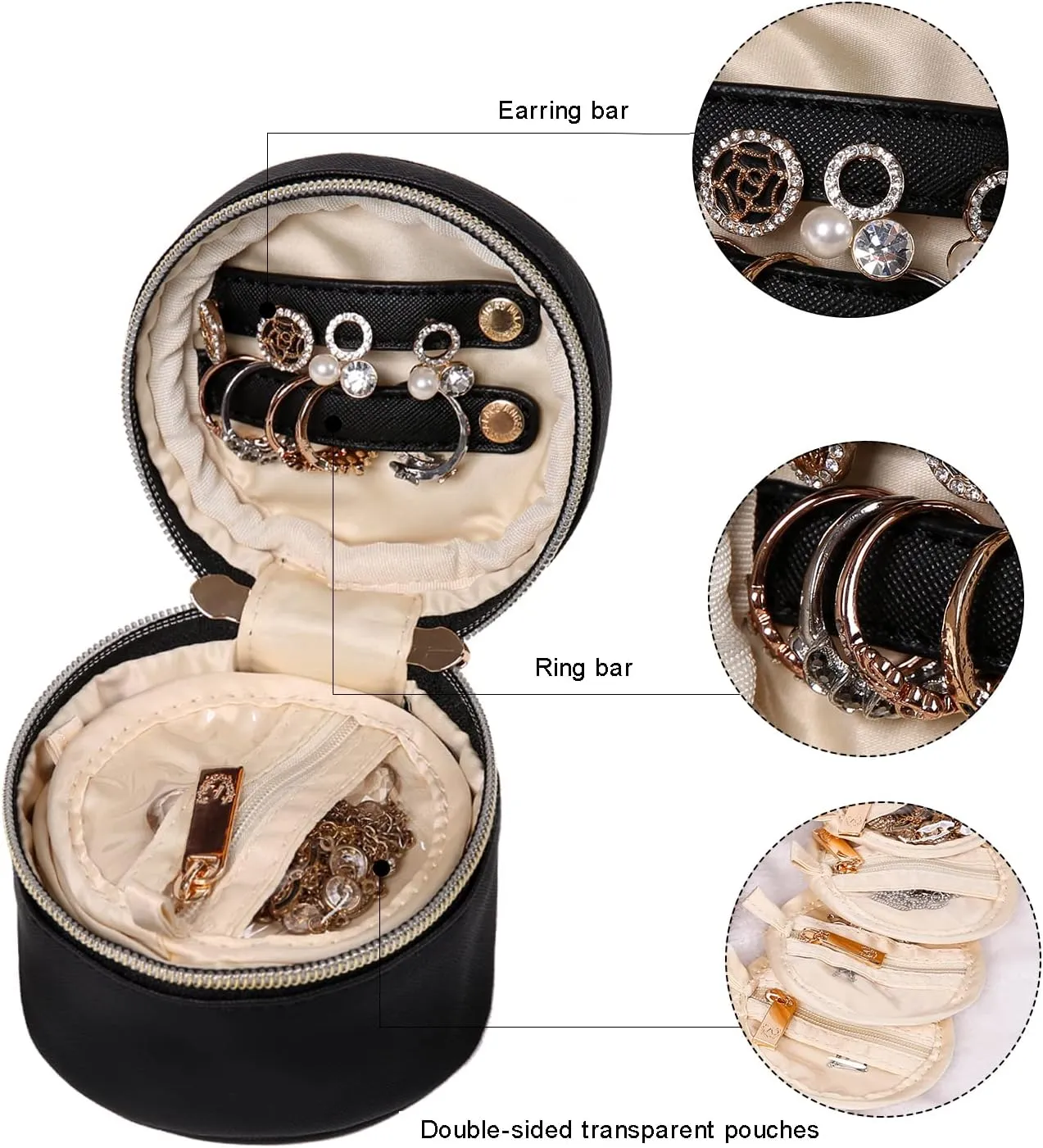 Angelina's Palace Round Jewelry Organizer Case Travel Bag Bridesmaid Gifts Vegan Leather Box for Necklace Earring Bracelet Ring(Black)