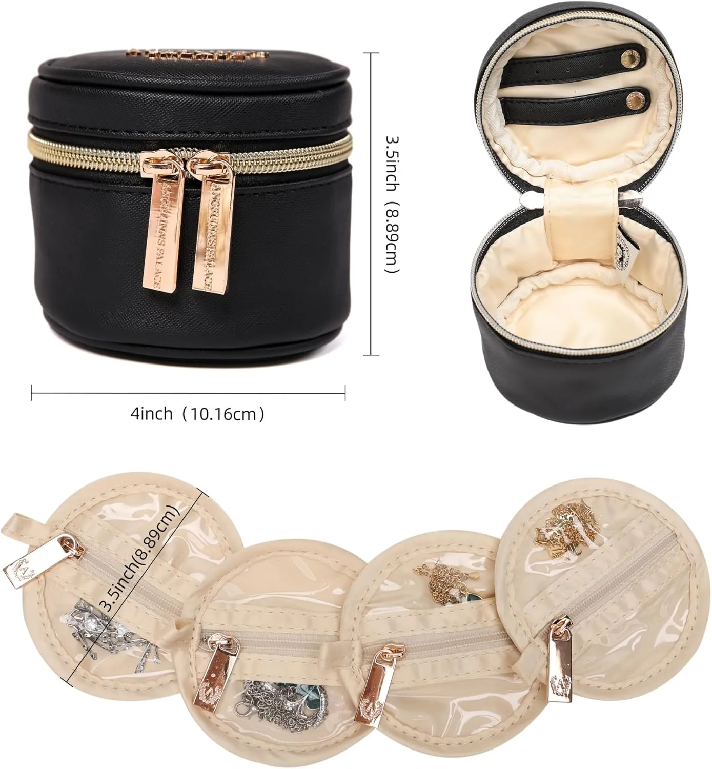 Angelina's Palace Round Jewelry Organizer Case Travel Bag Bridesmaid Gifts Vegan Leather Box for Necklace Earring Bracelet Ring(Black)