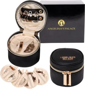 Angelina's Palace Round Jewelry Organizer Case Travel Bag Bridesmaid Gifts Vegan Leather Box for Necklace Earring Bracelet Ring(Black)